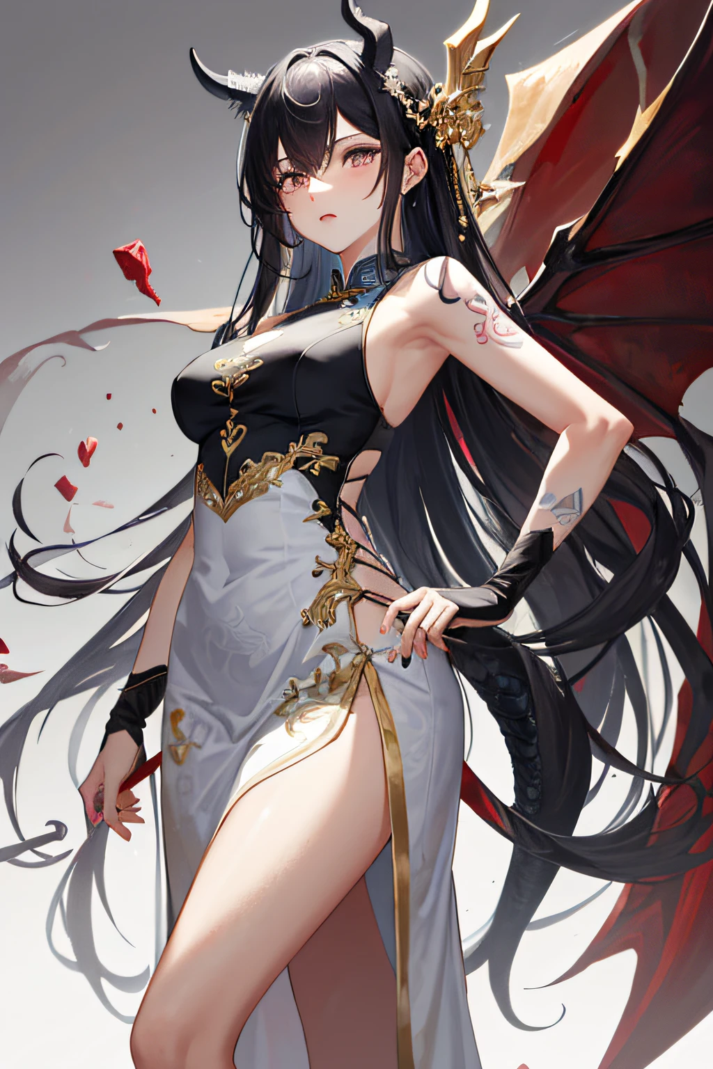 Masterpiece, Wonderful, Absurd, Perfect Anatomy, Standing, 1girl, Solo, Tattoo on the Arm, Bare Shoulders, Sleeveless, Dress, Dragon Girl, Dragon Horn, Jewelry, Tail, Ruby, Ultra High Detail, HUD, Masterpiece, Fine Detail, and Its Delicate Beauty, Seductive Demeanor, Colorful Glass Shards on the background, Fantasy, Magic, (Black and White Gold-rimmed Cheongsam: 1.5), Missing,