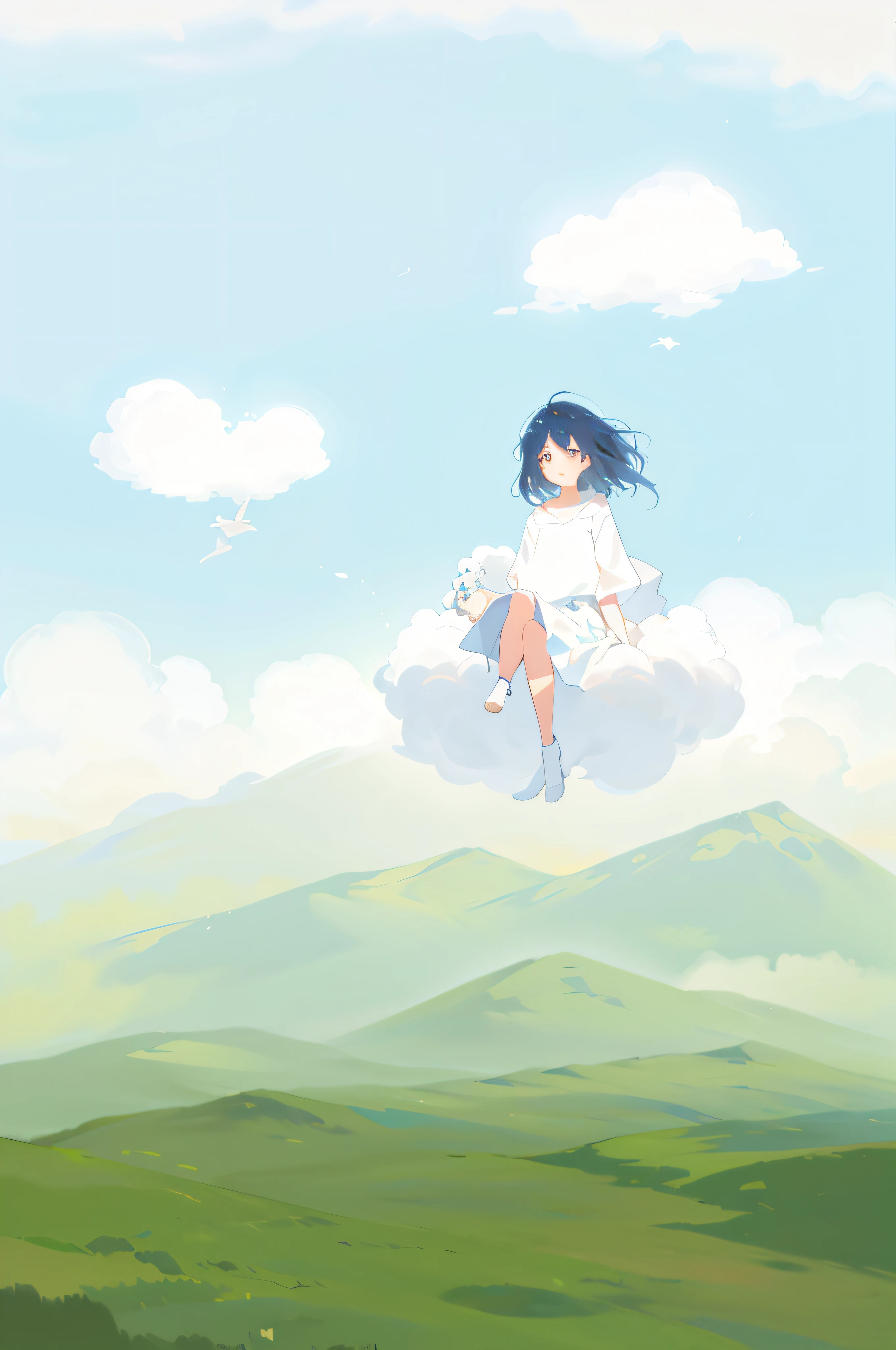 There is a cartoon of a girl flying in the sky, sitting in a fluffy cloud, in the clouds, visible from afar!!, she floats in the air, vague and dreamy illustrations, vague and dreamy illustrations, in the clouds, in the clouds,