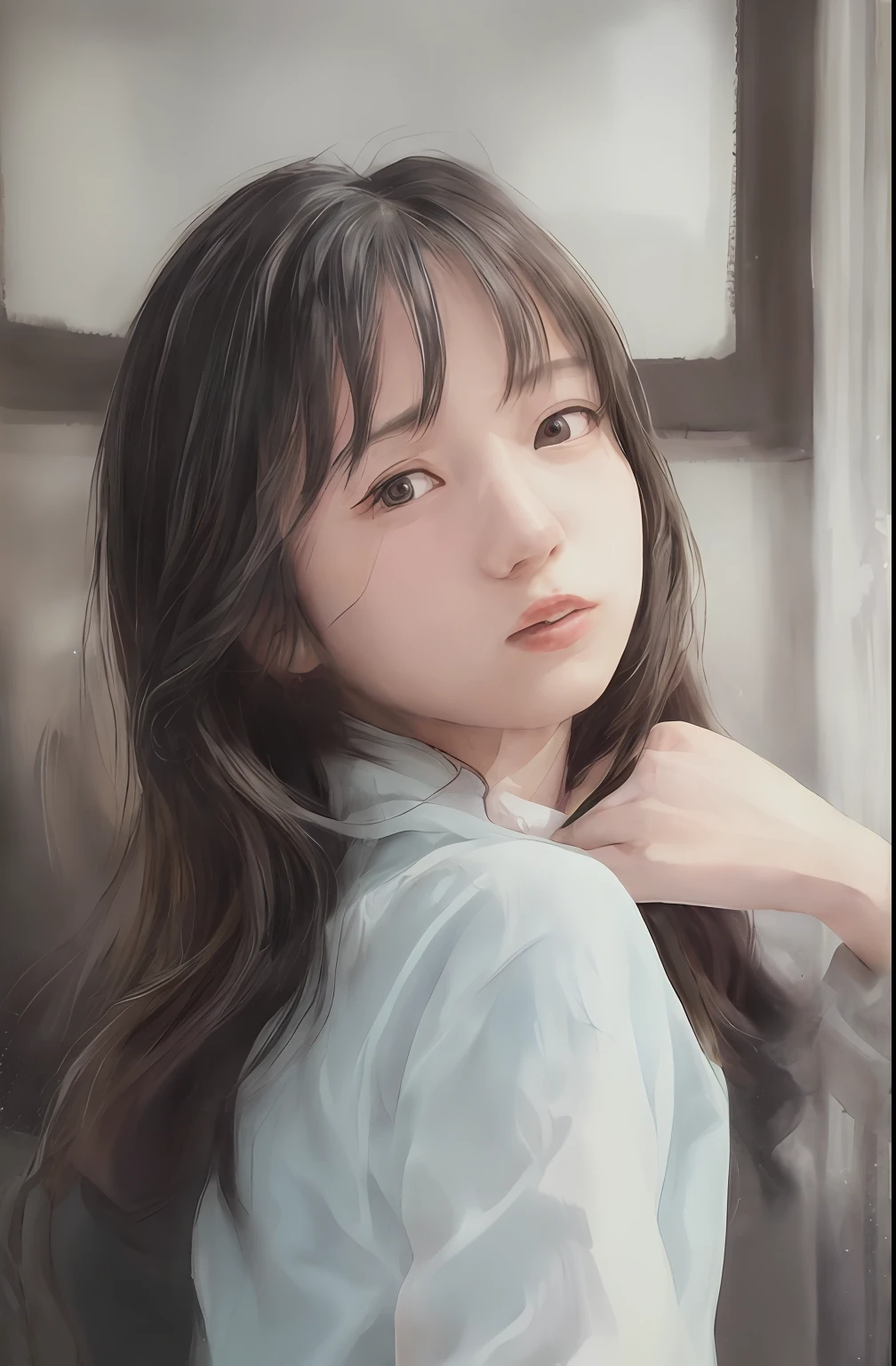 (Masterpiece, Real: 1.4), (Very complex: 1.2), (Upper body: 1.2), (From the front: 1.3), in silk underwear (light blue), shoulder straps hanging on one arm with one shoulder strap, long hair, chest, hotel, looking at the viewer, the expression is a little embarrassed Japan about 17 years old, fashionable makeup, head tilted, sitting in the middle of the bed of the hotel's elegant snow-white sheets, 1 girl, solo, Ultra High Resolution, 8K UHD, Film Grain, Perfect Anatomy, Exquisitely Detailed Skin, Best Shadows, Delicate, High Resolution