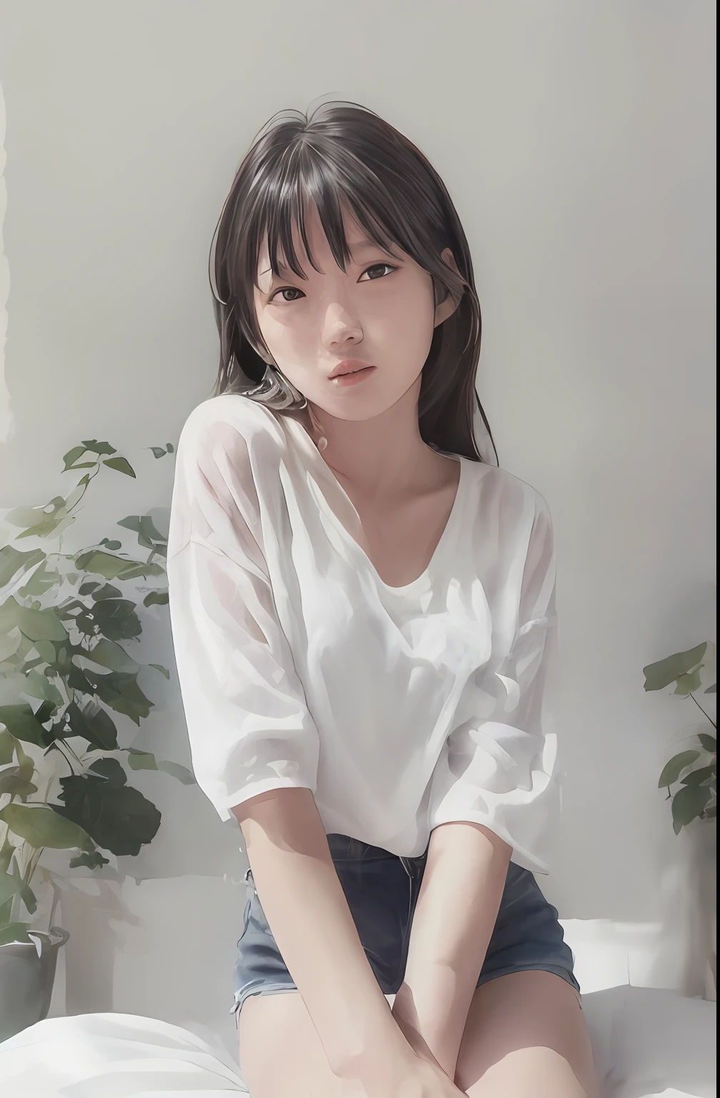 (Masterpiece, Real: 1.4), (Very complex: 1.2), (Upper body: 1.2), (From the front: 1.3), in silk underwear (light blue), shoulder straps hanging on one arm with one shoulder strap, long hair, chest, hotel, looking at the viewer, the expression is a little embarrassed Japan about , fashionable makeup, head tilted, sitting in the middle of the bed of the hotel's elegant snow-white sheets, 1 girl, solo, Ultra High Resolution, 8K UHD, Film Grain, Perfect Anatomy, Exquisitely Detailed Skin, Best Shadows, Delicate, High Resolution