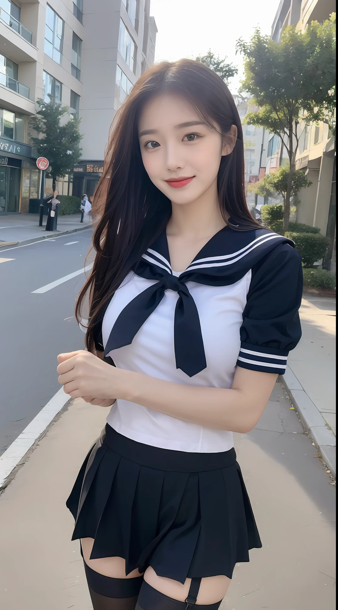 (1 Korean girl), ((best quality, 8k, masterpiece: 1.3)), Focus: 1.2, Perfect body beauty: 1.4 , Beautiful breasts, (smile), (Street: 1.3), Highly detailed face and skin texture, Fine eyes, Double eyelids, Whitened skin, (Black straight face: 1.3), (round face: 1.5), (Sailor skirt: 1.4), (Black stockings: 1.6)