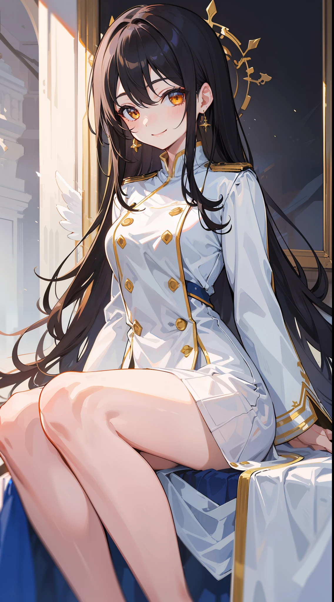 1loli, gently dark long hair, sharp golden eyes, wear white royal uniform, she is girl with harm smile and very beautiful like an angel