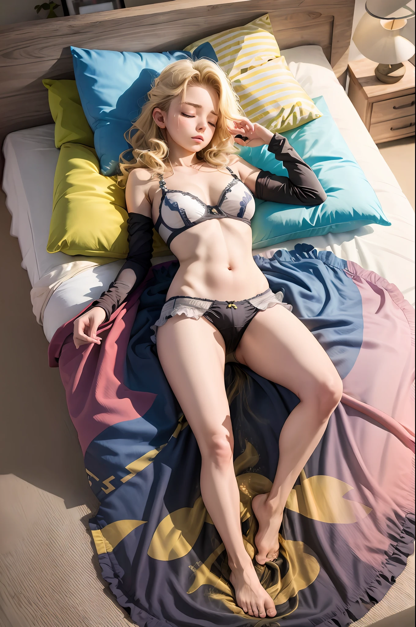 Late teen girl, blonde hair, sleeping, no bedsheets, full body, underwear