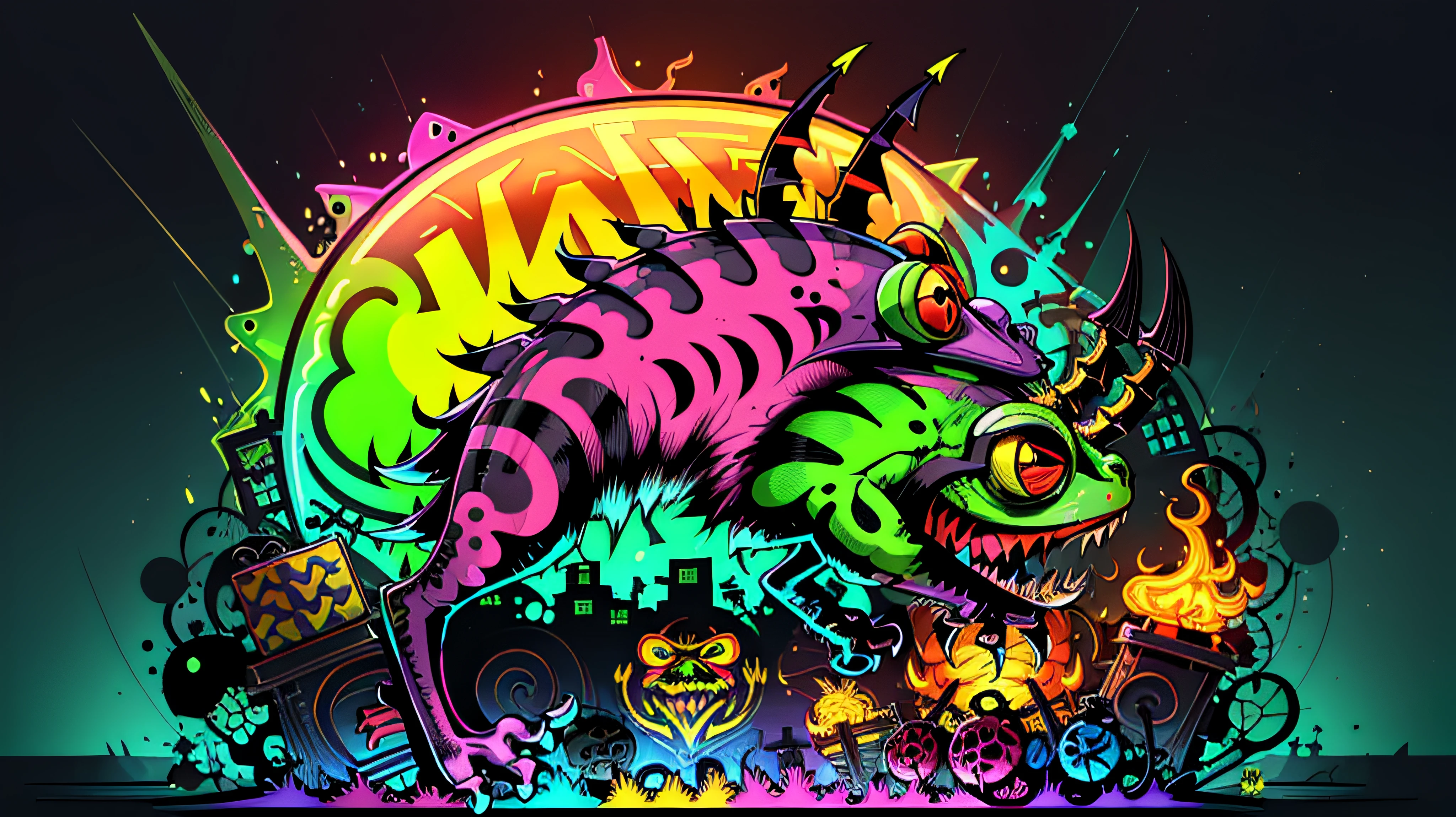 vector t-shirt art ready to print highly detailed colourful graffiti illustration of jackal playing with TNT, wearing gold headphones, face is covered by highly detailed, vibrant color, high detail --auto