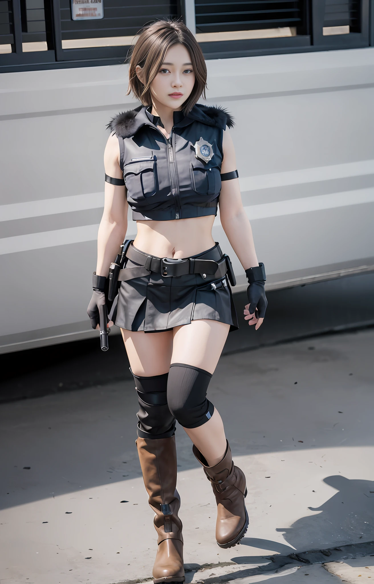 Official art, extremely detailed CG Unity 8k wallpaper, best quality, masterpiece, high resolution, beautiful girl agent, short hair, black crop top fur vest, brown belt, pistol holster on thigh, pistol, body armor, tactical gloves, black minileather skirt, black long tube flat boots, police badge on chest, full body photo