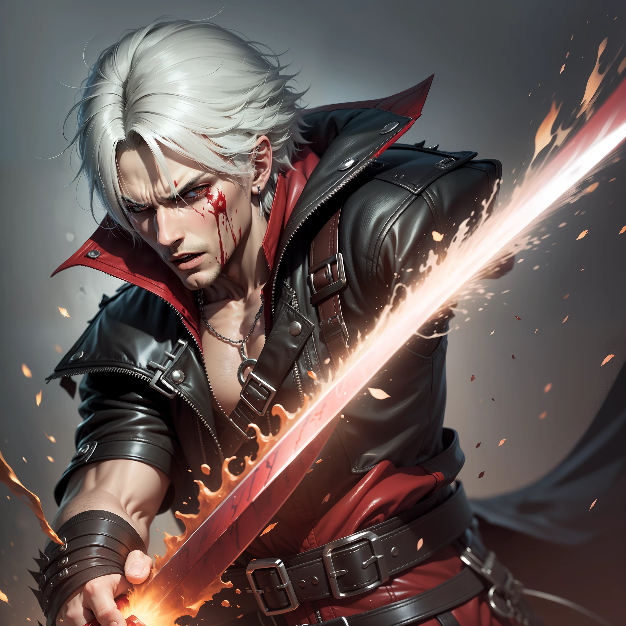 Dante (devil may cry) finishing a black-haired man with his sword and spurting blood on him