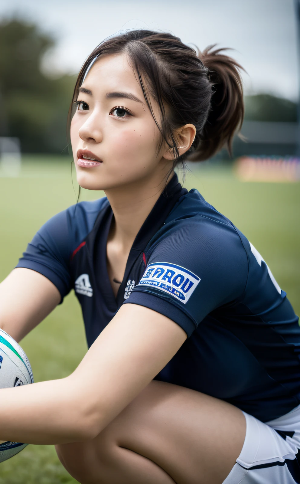 Hasselblad Camera, RAW Photography, (Real: 1.2), 1girl, (Beautiful and Attractive: 1.4), Ponytail Twist, (Details: 1.2), 8k Ultra HD, (Rugby: 1.4)