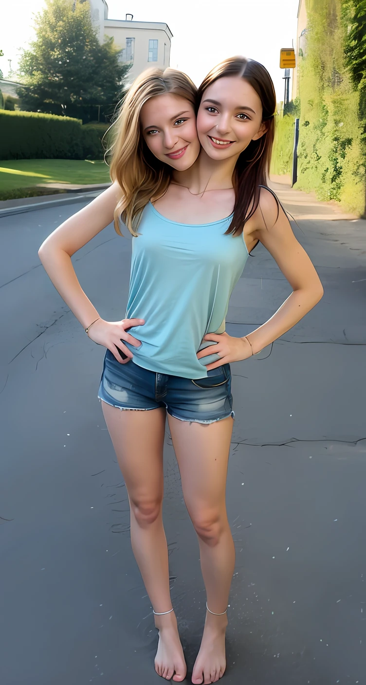 2heads, mom and daughter, (1head:1.5 child), (1head:1.5 young adult) (one torso:1.5), Irish, white girls, age difference, (two heads on one body:1.4), (first head uncomfortable:1.5), (second head unhappy:1.5) conjoined twins, heads side by side, one torso, young, realistic faces, lifelike faces, uncomfortable, barefoot