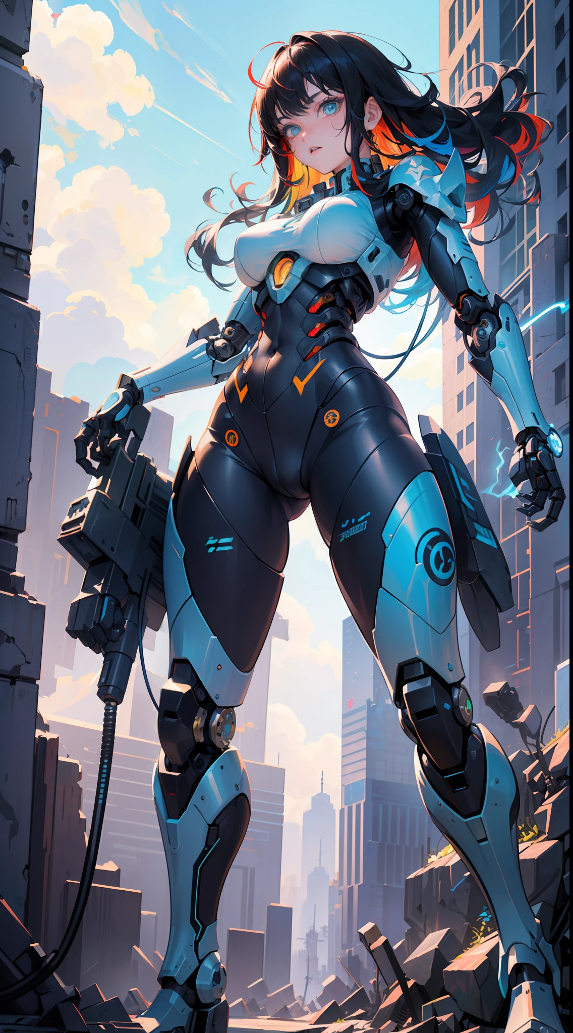 science fiction, (masterpiece, best quality, ultra detailed), ((multicolored hair, black hair, blue hair)), green eyes, suffering, (1girl:1.6), dynamic streaks, vibrant colors,  technology, manga influence, comic, gun, mechagirl, full armour, cables, extreme detailed wallpaper, ((mechanical limbs)), expressionless, biomechanical, mecha