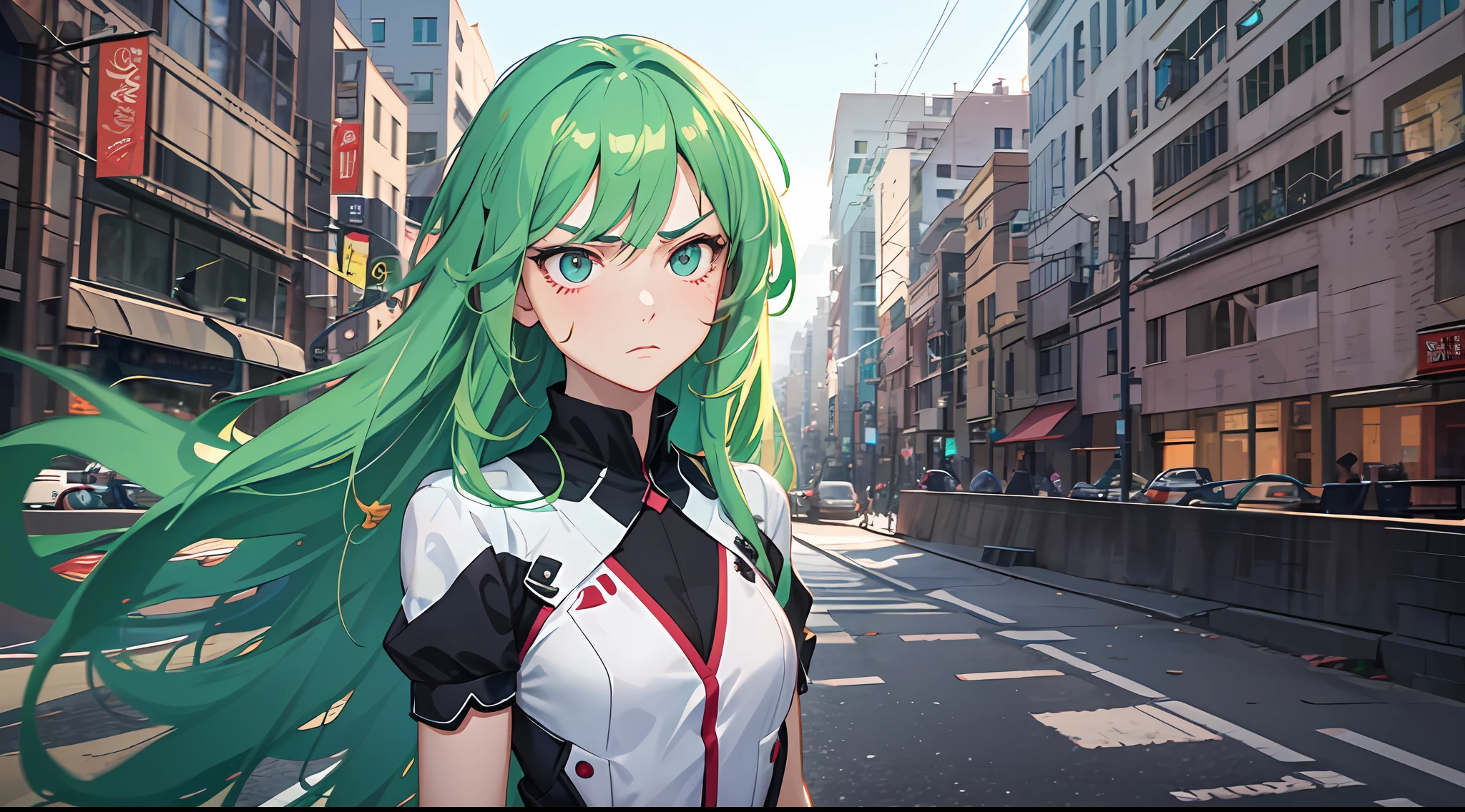 A girl with long green hair, with her head down, her eyes widened, looking at her legs, distorted face, angry expression, on the street, all over, during the day, delicate facial features, clear facial expressions, detailed digital animation art, digital animation art, high-quality anime art style