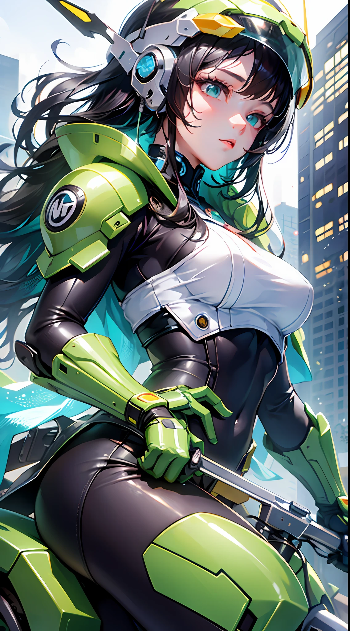 Highest image quality, outstanding details, ultra-high resolution, (realism: 1.4), the best illustration, favor details, highly condensed 1girl, with a delicate and beautiful face, dressed in a black and green mecha, wearing a mecha helmet, holding a directional controller, riding on a motorcycle, the background is a high-tech lighting scene of the future city.