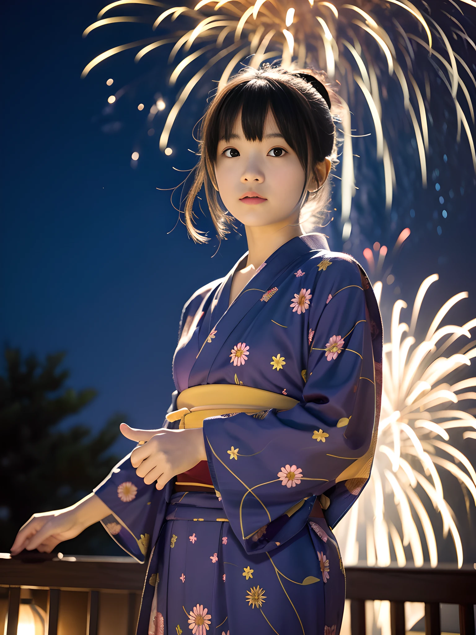 Japan 12 year old girl in yukata, skillful hands, bangs, 4K, high resolution, masterpiece, top quality, (Hasselblad photo)), fine skin, sharp focus, soft lighting, [:( detailed face: 1.2):0.2], (delicate pattern yukata: 1.3), beautiful neck, fireworks, complex background, night market, night, (very detailed: 1.2), (fireworks launched into the night sky: 1.3)