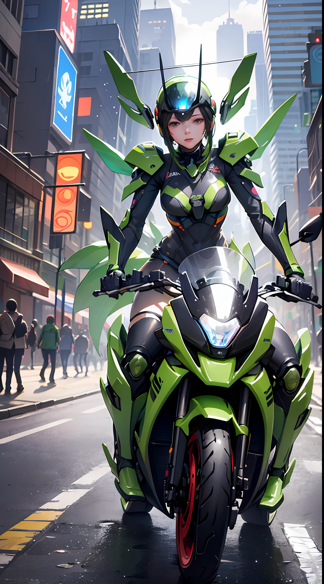 Highest image quality, outstanding details, ultra-high resolution, (realism: 1.4), the best illustration, favor details, highly condensed 1girl, with a delicate and beautiful face, dressed in a black and green mecha, wearing a mecha helmet, holding a directional controller, riding on a motorcycle, the background is a high-tech lighting scene of the future city.