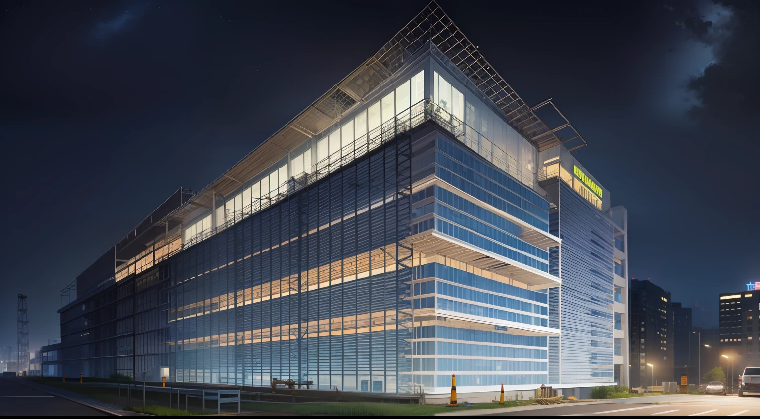 Real, fine, high resolution, construction, site construction, scaffolding, steel structure, night lighting, building, lighting, greening, under construction