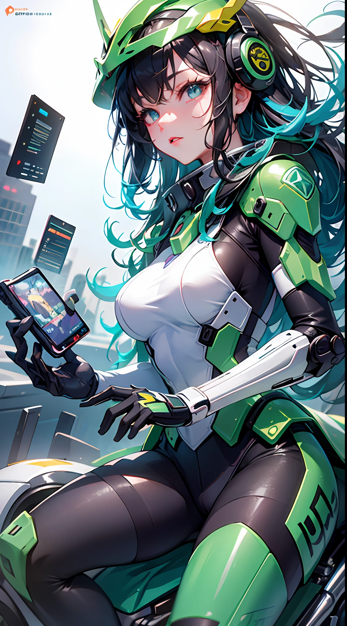 Highest image quality, outstanding details, ultra-high resolution, (realism: 1.4), the best illustration, favor details, highly condensed 1girl, with a delicate and beautiful face, dressed in a black and green mecha, wearing a mecha helmet, holding a directional controller, riding on a motorcycle, the background is a high-tech lighting scene of the future city.