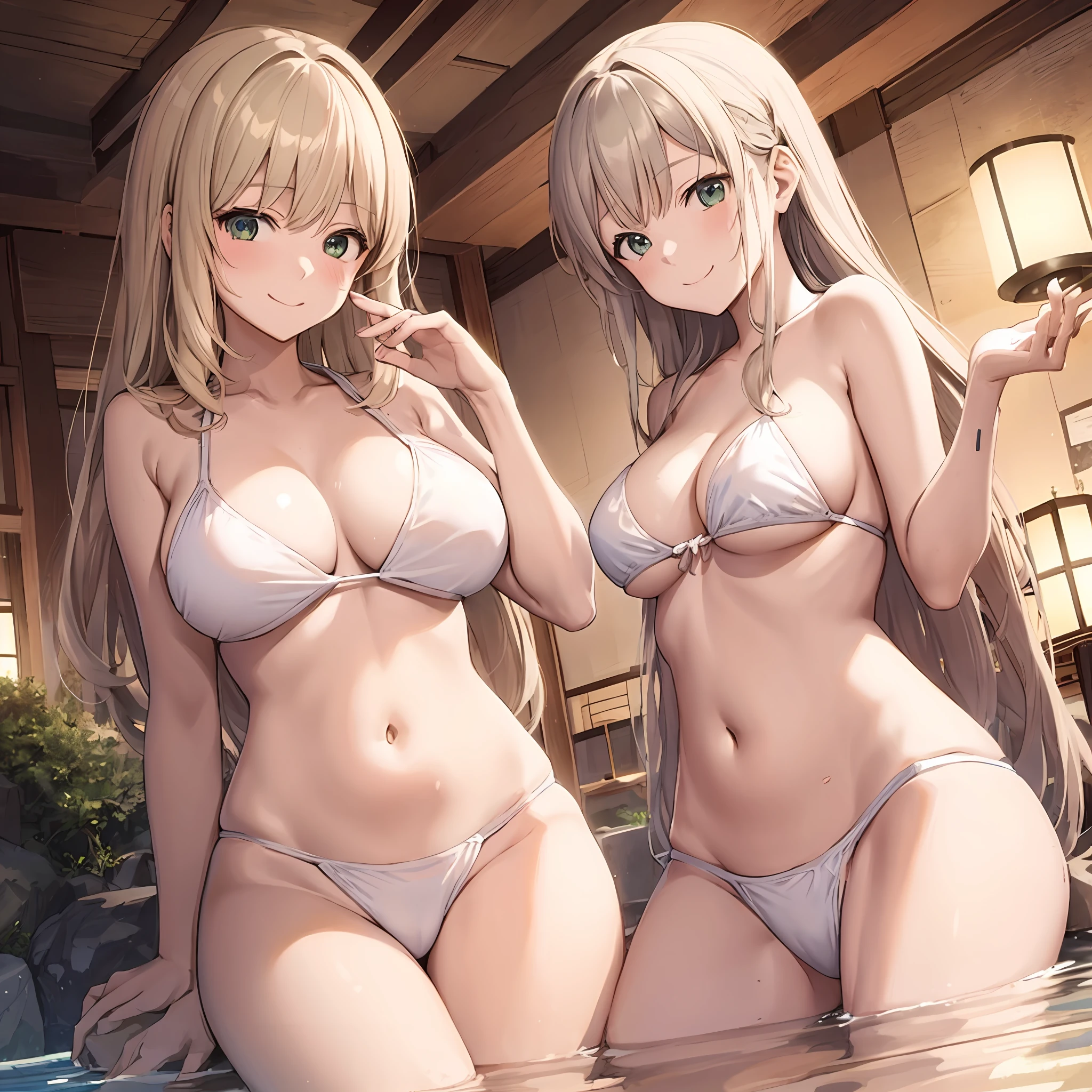 Two women in bikinis standing in the pool drinking drinks, anime girls, two beautiful anime girls, ecchi, realistic bikinis, wlop and sakimichan, seductive anime girls, ecchi anime style, shikamimi, ecchi style, oppai proportions, oppai, thicc, guweiz, kantai collection style, big breasts