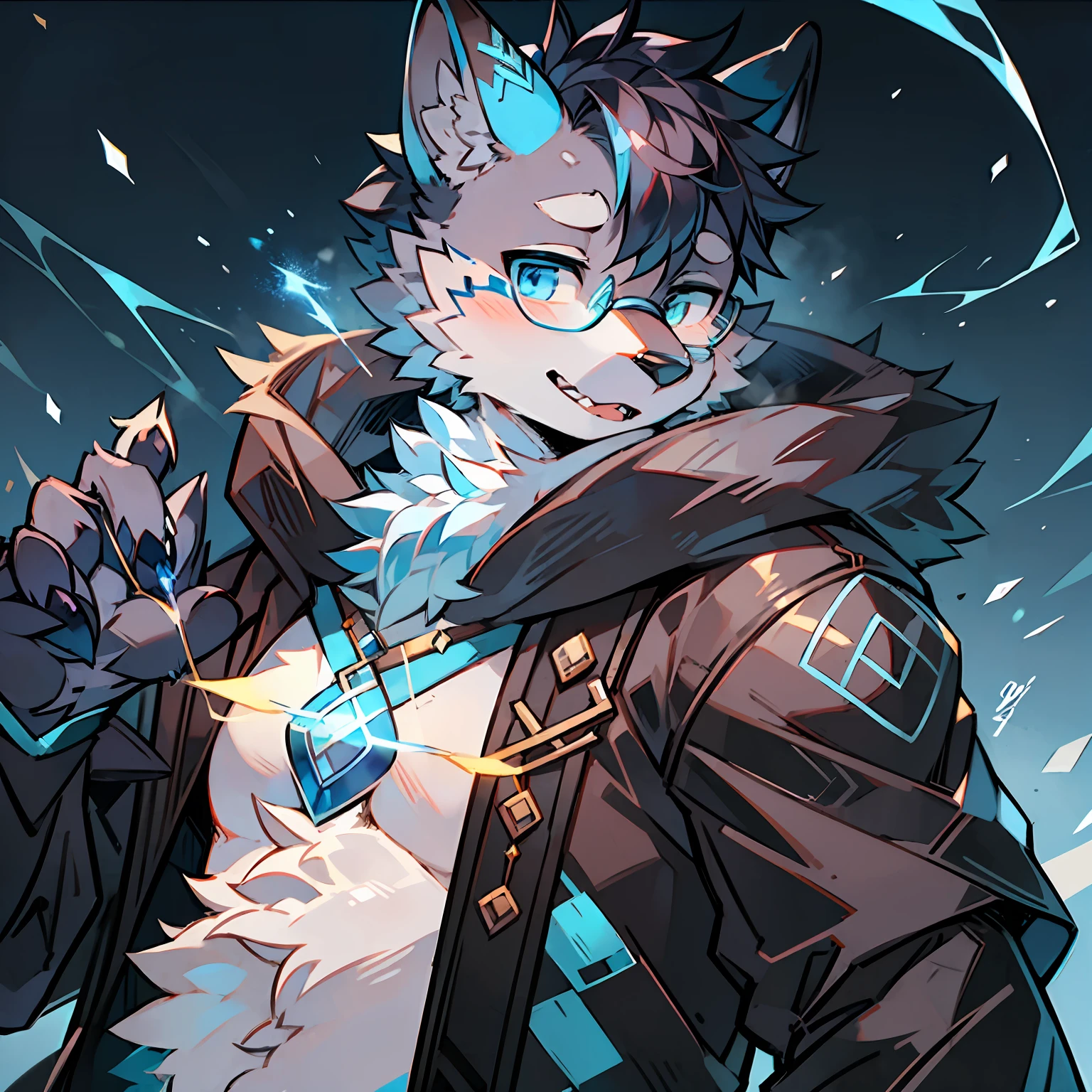 Single, furry male, furry, wolf, canine, dark fur, black-gray fur, blue eyes, wearing glasses, blue runes, mage, magic, black coat, short sleeves