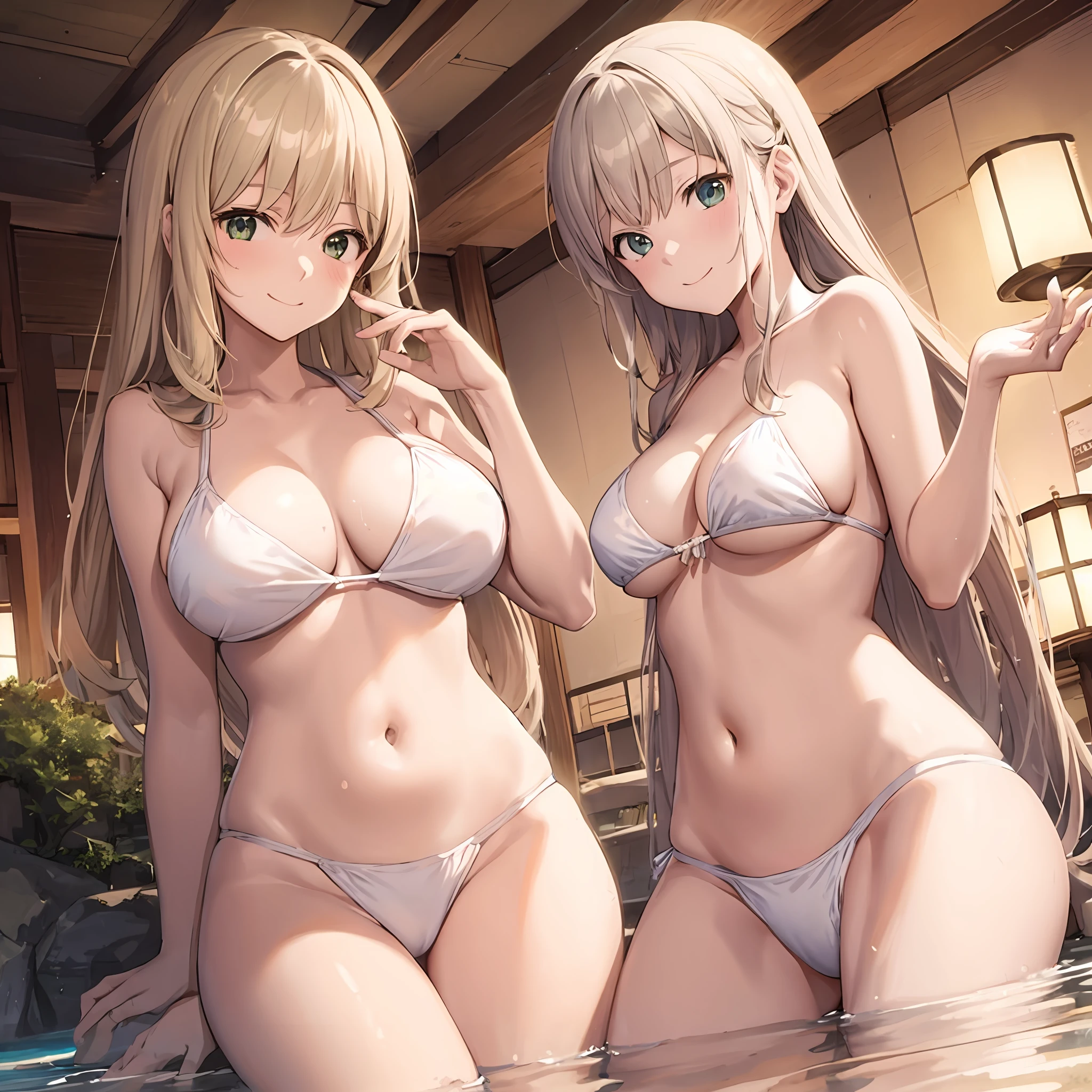 Two women in bikinis standing in the pool drinking drinks, anime girls, two beautiful anime girls, ecchi, realistic bikinis, wlop and sakimichan, seductive anime girls, ecchi anime style, shikamimi, ecchi style, oppai proportions, oppai, thicc, guweiz, kantai collection style, big breasts