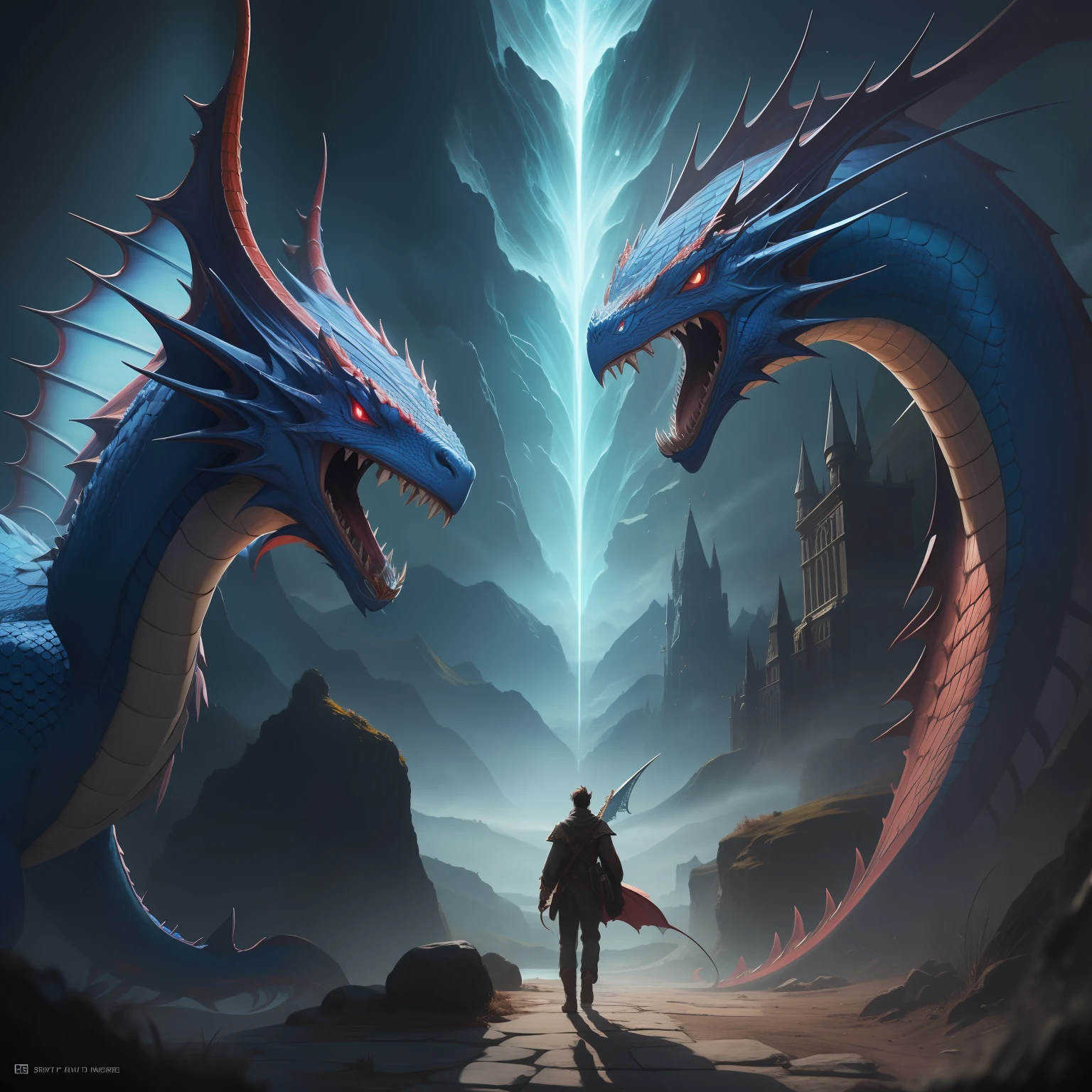 (Masterpiece) 8K resolution, blue dragon, fantasy style