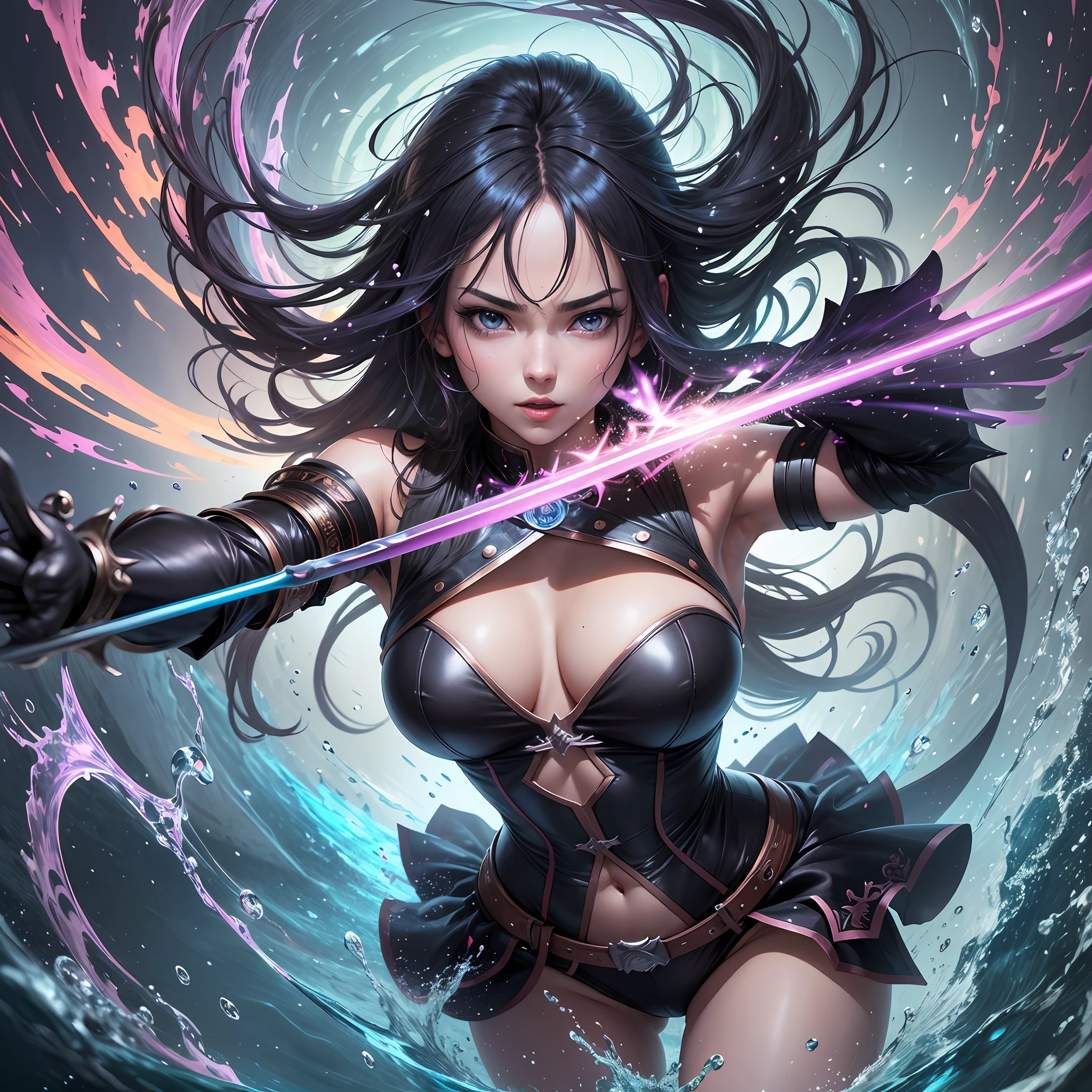 Woman with sword in hand running in water, black lights swirling around characters, 4K anime wallpapers, anime wallpaper 4K, anime wallpaper 4K, 4K manga wallpaper, anime art wallpaper 4K, anime art wallpaper 8K, anime style 4K, ultra HD anime wallpaper, anime machine gun fire, best anime 4K Konachan wallpaper --auto --s2