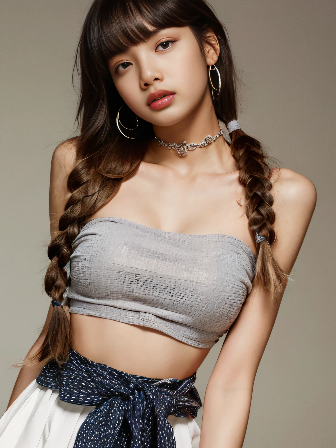 (Best Quality, 16k, Masterpiece: 1.3), Pretty Woman, 1Girl, Two Braids, Spice Girl Outfit, Bandeau, Open Waist, Pleated Skirt, Long Long Legs, Ultra-Detail Face, Detail Lips, Detail Eyes, Double Eyelids, HD