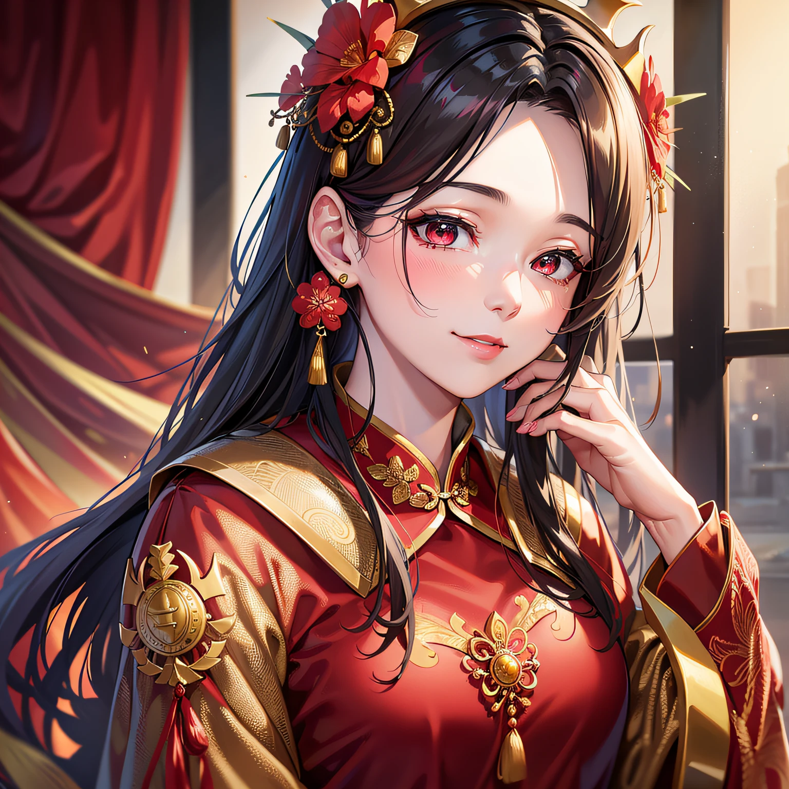 (Chinese Style Bride) 1.2, Chinese Style, Traditional Hanfu, Tang Costume, Extreme Details (1.3), Golden Hairpin, Red Ribbon, Beautiful Face, Smile, Plum Blossom, Bamboo, Red Lantern, Ancient Architecture, Landscape Painting, Tyndall Highlight Effect, Mystical Atmosphere, Glow, Beautiful Dance, Ancient Atmosphere, Brilliant Colors, Elegance, Music, Dreamy, Beautiful Light and Shadow, HD, Masterpiece(1.2) --auto
