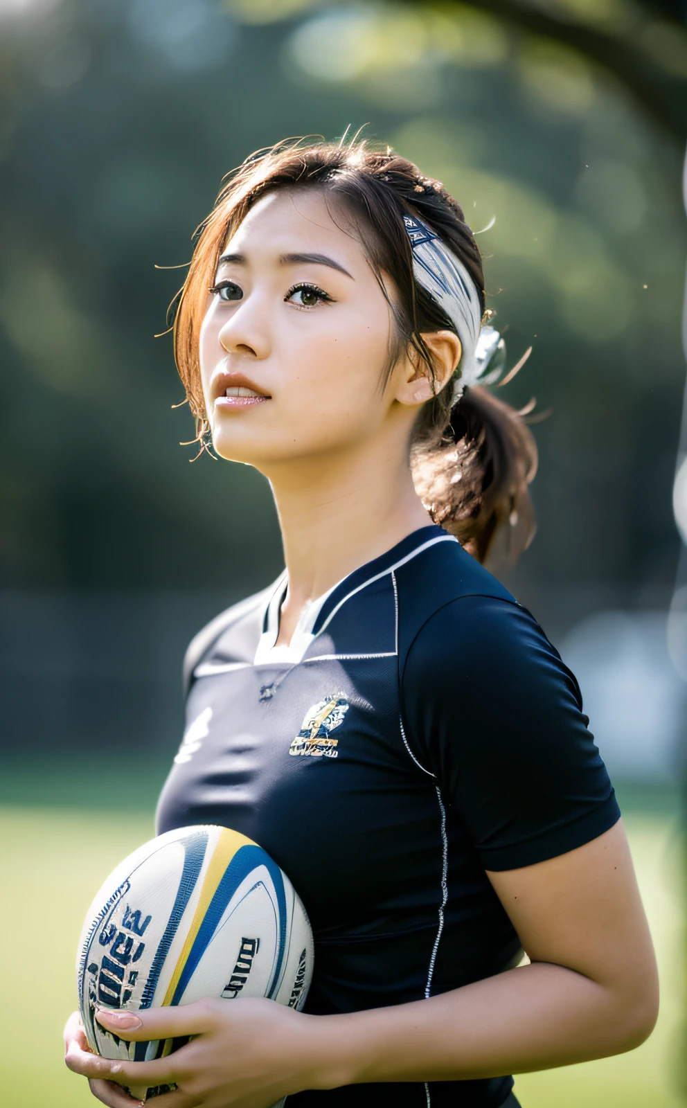 Hasselblad Camera, RAW Photography, (Real: 1.2), 1girl, (Beautiful and Attractive: 1.4), Ponytail Twist, (Details: 1.2), 8k Ultra HD, (Rugby: 1.4)