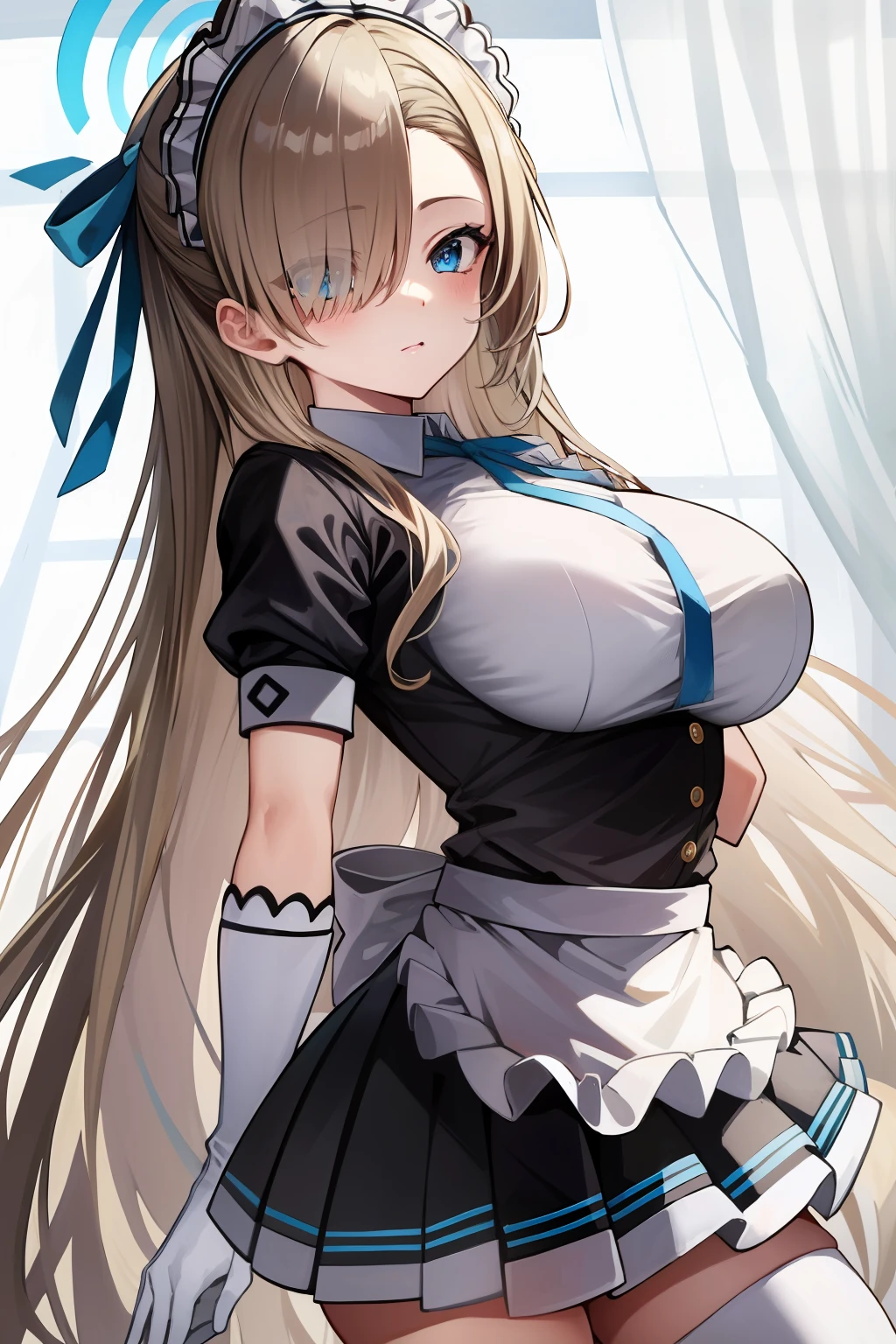 (highres), (absurdres), (best quality), (high quality), (masterpiece), 1girl, asuna, blue eyes, long hair, halo, hair over one eye, very long hair, light brown hair, (large breasts), hair ribbon, maid, maid headdress, apron, frills, frilled apron, puffy sleeves, short sleeves, white gloves, white thighhighs, arms behind back, looking at viewer,