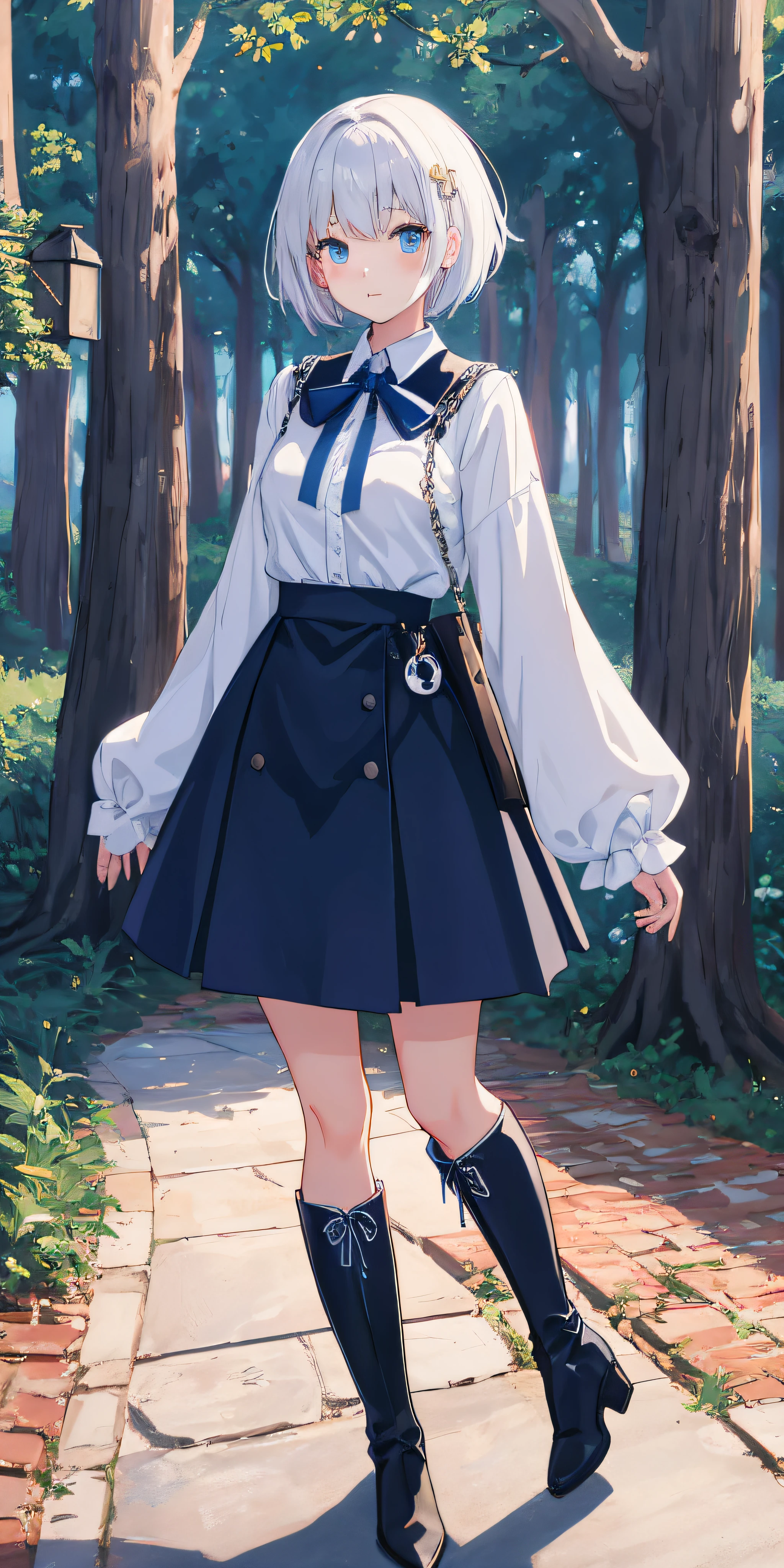[[Anime Style]], [Digital Art]], [Wlop]], college girl in a long-sleeved white blouse with blue lines, [[Short Chanel]] hair, [[Cherry tree]] forest background, dark, neutral lighting, [[almost no lighting]], blue ribbon, long boots,