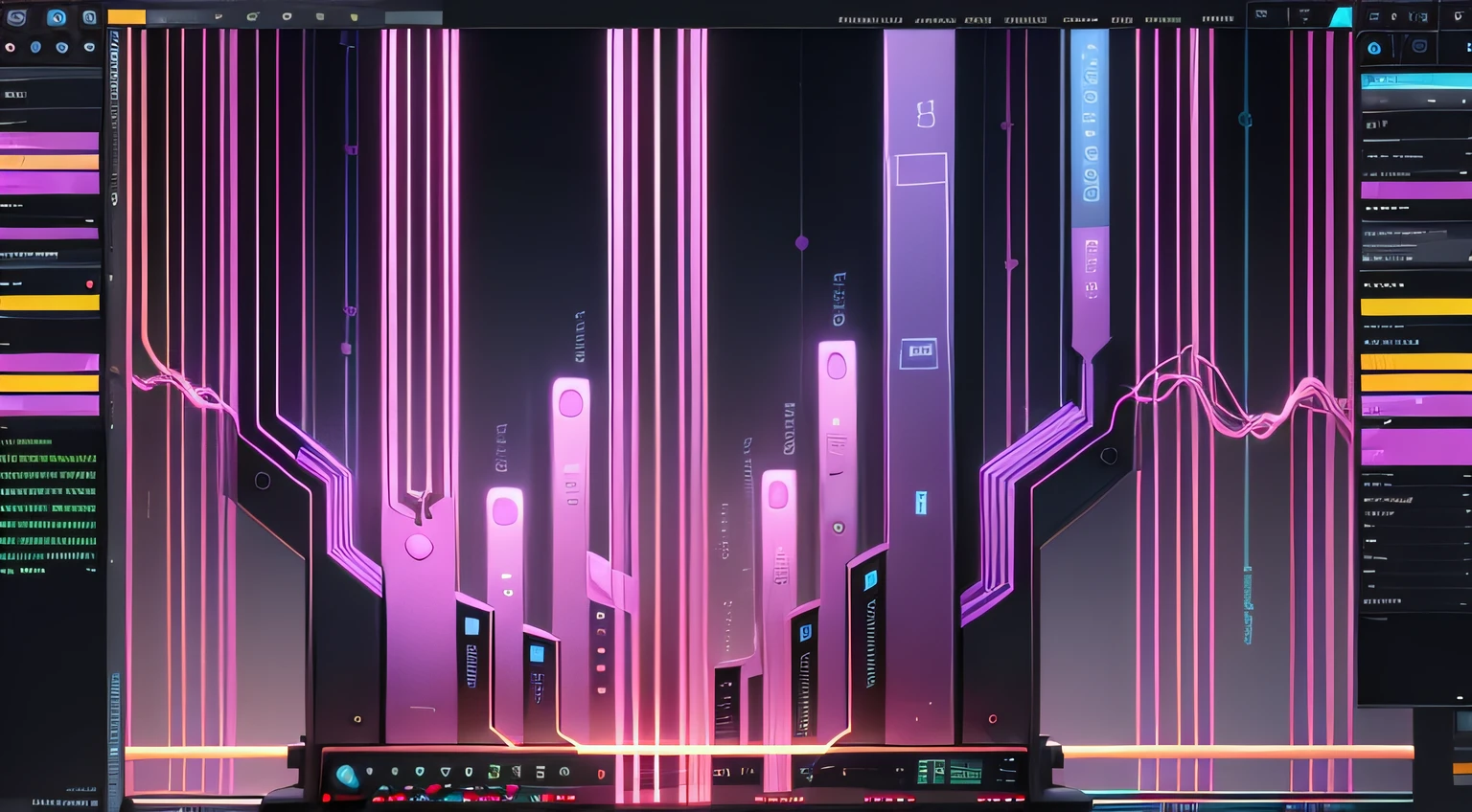 a software, UI, UX, lines, buttons, knobs, parametheres, glassmorphism screen of an audio software, the softwaree converts audio to data. audio signals. waveform signals. Audio being converted into data, this data is used to train a machine learning model::2.5 electronic circuit::2.5 --V 4 pink purple, waveform, sound waves, machine analyzing audio waves pink purple blue neon::3.3 --V 5 sythwave engine ttech hardware software ui ux glassmorphism:: 1.1