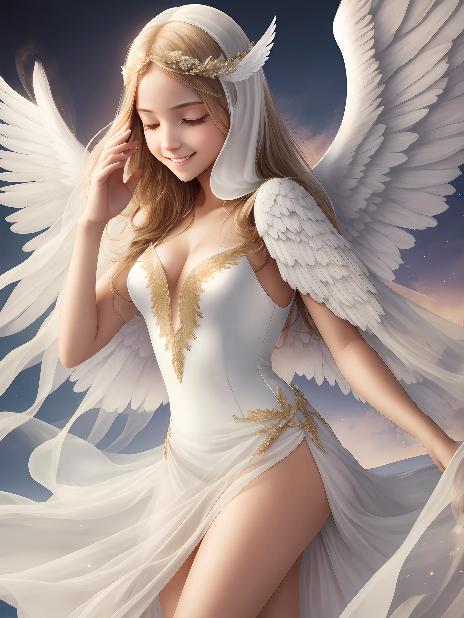 Angel, fair skin, wings covering her body, Hands covering her face. Hyper realistic, smile, wearing a dress --auto --s2