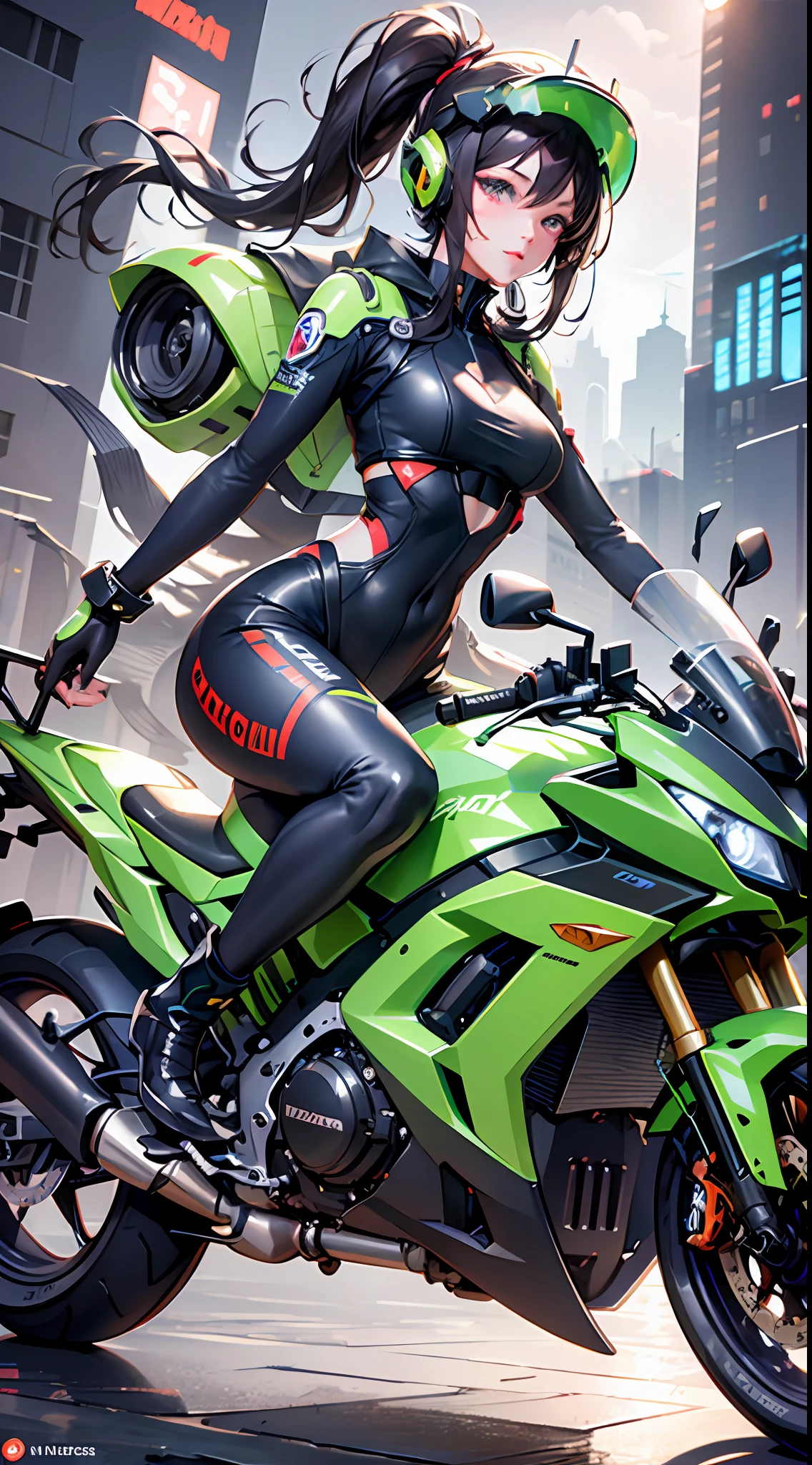 Highest image quality, outstanding details, ultra-high resolution, (realism: 1.4), the best illustration, favor details, highly condensed 1girl, with a delicate and beautiful face, dressed in a black and green mecha, wearing a mecha helmet, holding a directional controller, riding on a motorcycle, the background is a high-tech lighting scene of the future city.