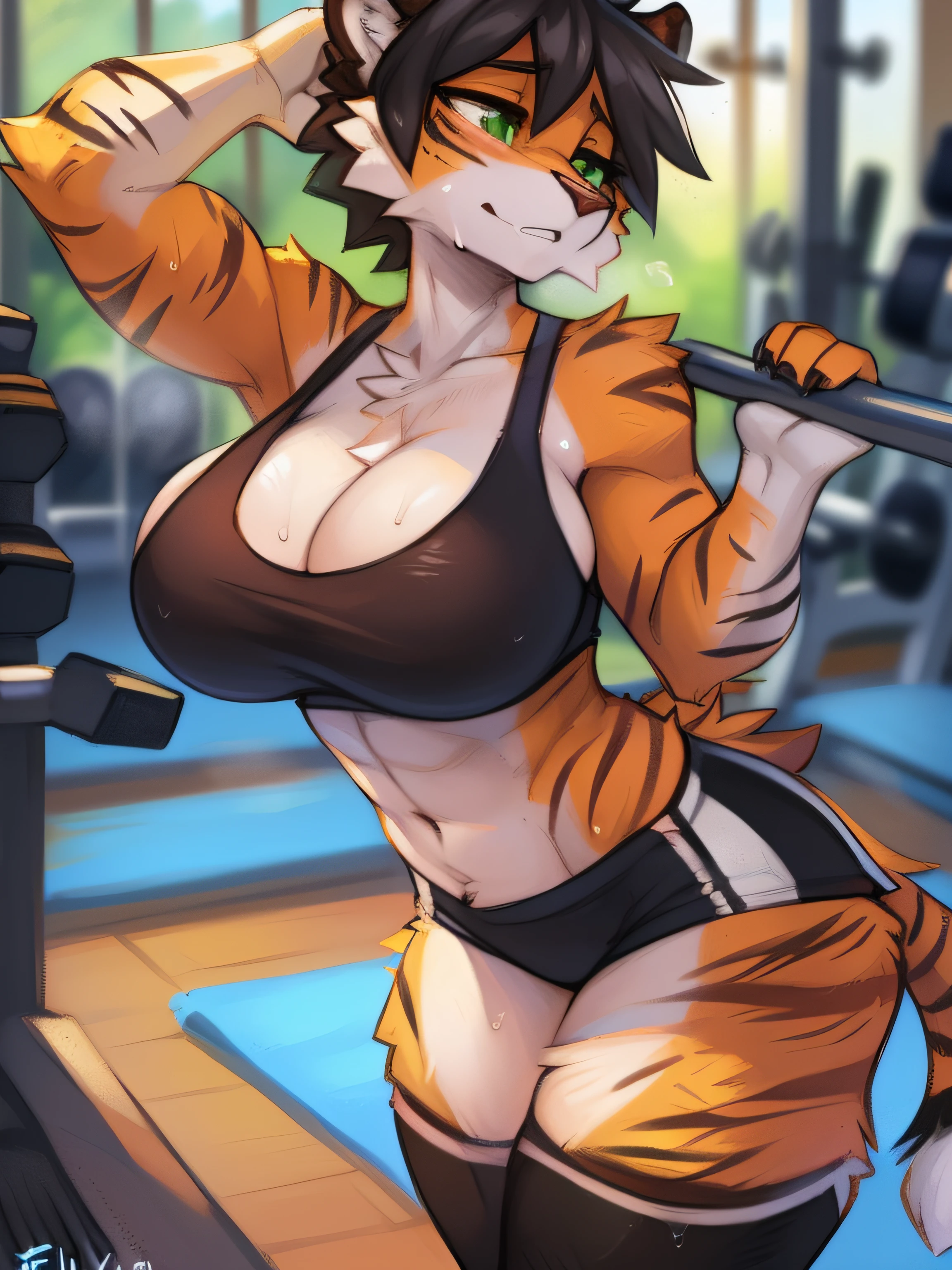 by fluff-kevlar, by Zackary911, by Kenket, by Kilinah, by fluff-kevlar, (masterpiece), (best quality), (anthro furry:1.3, snout:1.2, anthro:1.3, furry:1.2, solo female:1.2), (extremely detailed:1.3), (curvaceous figure, hourglass figure, muscular figure), (big breasts), (big thighs), (big butt), (sweat dripping off body), (body glistening from sweat), clothed, workout clothing, (resting face, tired expression, perfect expression), (bent over), (rear view), (butt shot), gym background, short hair, black hair, tiger, green eyes,