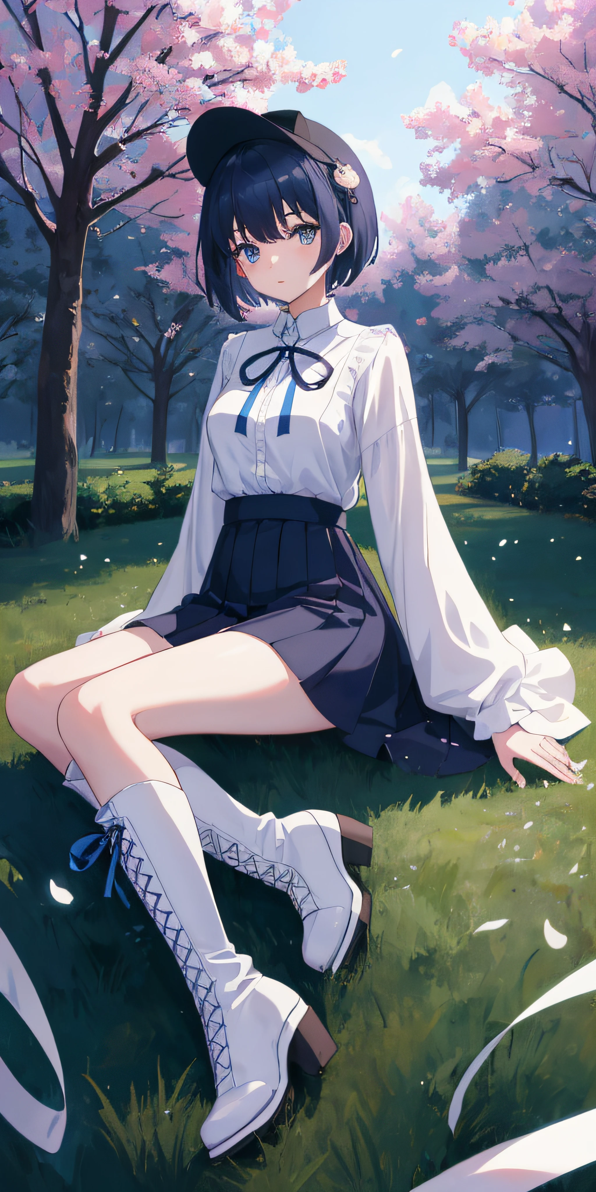 [[Anime Style]], [Digital Art]], [Wlop]], college girl in a long-sleeved white blouse with blue lines, [[Short Chanel]] hair, [[Cherry tree]] forest background, dark, neutral lighting, [[almost no lighting]], blue ribbon, long boots,