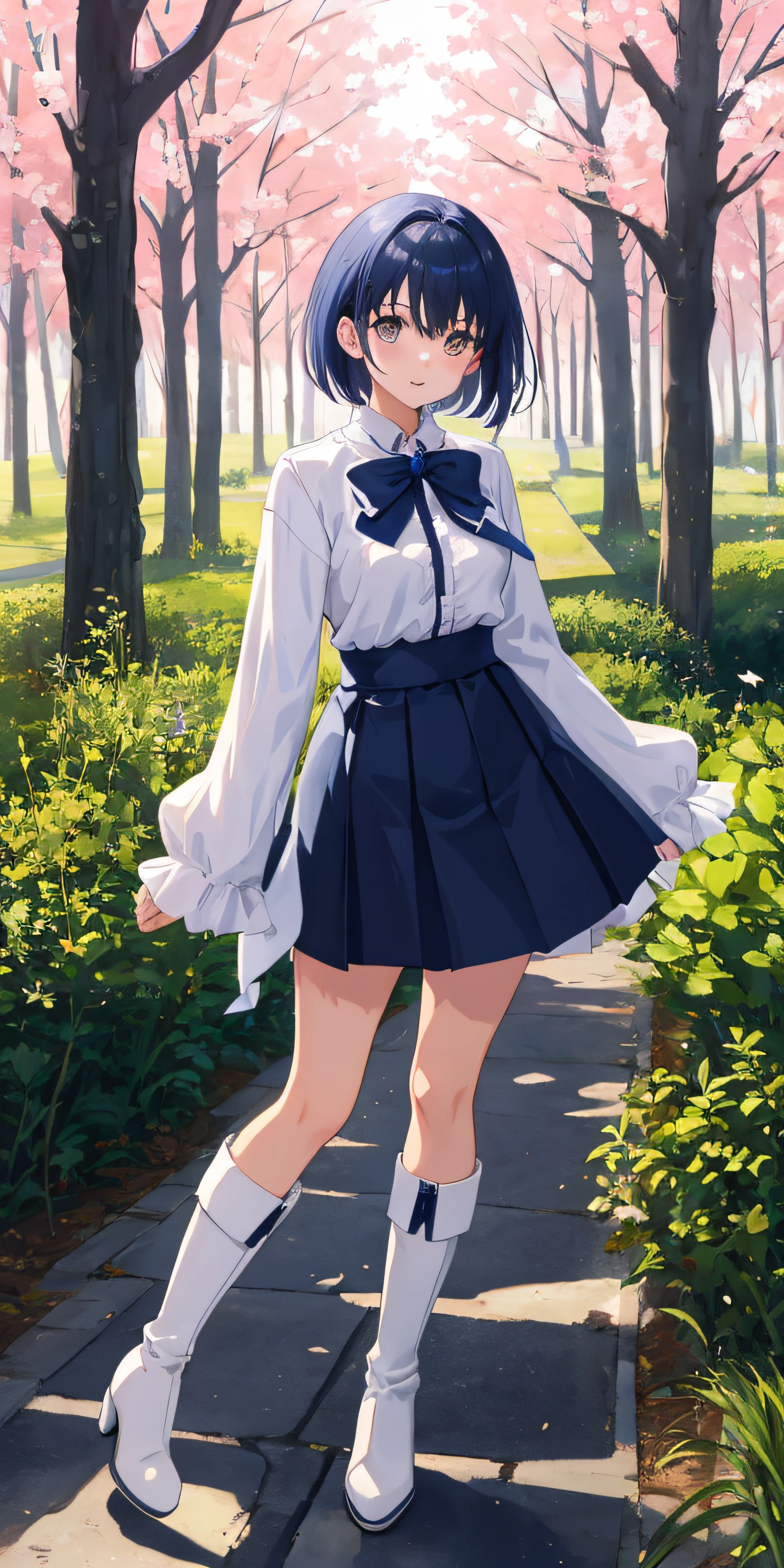 [[Anime Style]], [Digital Art]], [Wlop]], college girl in a long-sleeved white blouse with blue lines, [[Short Chanel]] hair, [[Cherry tree]] forest background, dark, neutral lighting, [[almost no lighting]], blue ribbon, long boots,