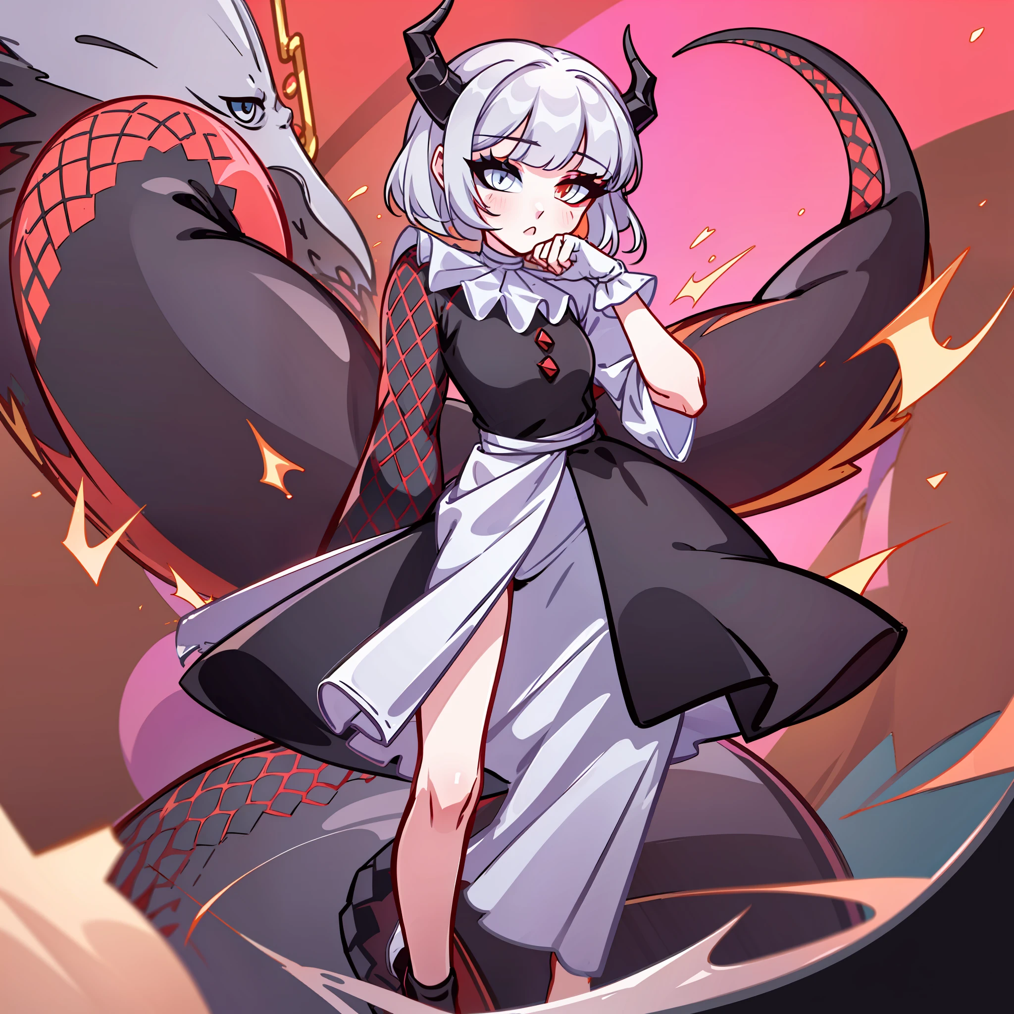 (Best quality: 1.0), (super high res: 1.0), extremely detailed character, detailed Hands, half-dragon girl, horns, scales on the neck, scales on the shoulders, scales on the forearm, scales on the cheek, girl with dragon tail, dragon tail, extremely detailed hair, short hair, ((white hair)), ((black locks)), extremely detailed eyes, eye with different colors, heterochromia, white right eye, black left eye, dragon eyes, 2d, anime art, (()), ((full body)), standing, medieval, rpg, small, cute