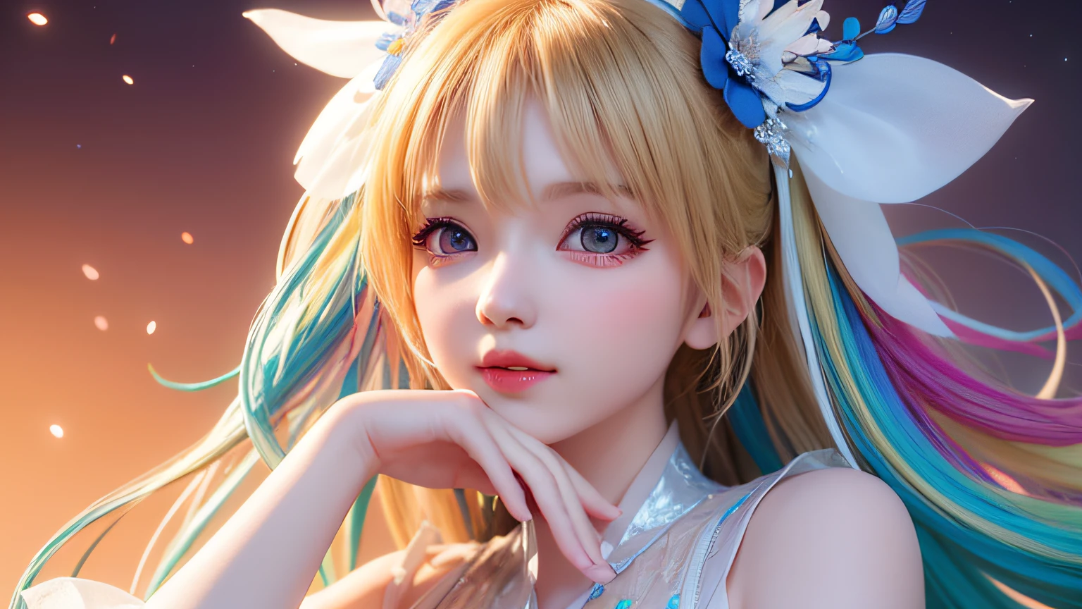 (8k, RAW photo: 1.2), highest quality, ultra high resolution, (from head to knee), dramatic angle, (colorful petals flutter), (illustration), (1 girl)))), (long hair), (transparent white sheer sleeveless dress, mini skirt)), beautiful face (blonde, blue eyes), (bright lip gloss, long eyelashes, smooth) face, bright skin, Natural Shadows, Wide Light, Wide Light, Depth of Field, Strong Colors, Subtle Caustics: 0.8), Smile, (Big), (Rain: 0.9), Behind the Girl is Hanazono, (Focus), ((Standing on the Surface of the Water)), ((Color Splash), Colorful Splash, (((((Colorful)))), (Sketch: 0.8), Masterpiece, Best Quality, Beautifully Painted, Highly Detailed, (Denoise: 0.6), [ Splash Ink], (Ink Refraction)), (Beautiful Detailed Sky), Highly Detailed, (Masterpiece, Best Quality, Highly Detailed) CG Unity 8k Wallpaper, Masterpiece, Best Quality, Ultra Detailed, (Lycoris radiata)