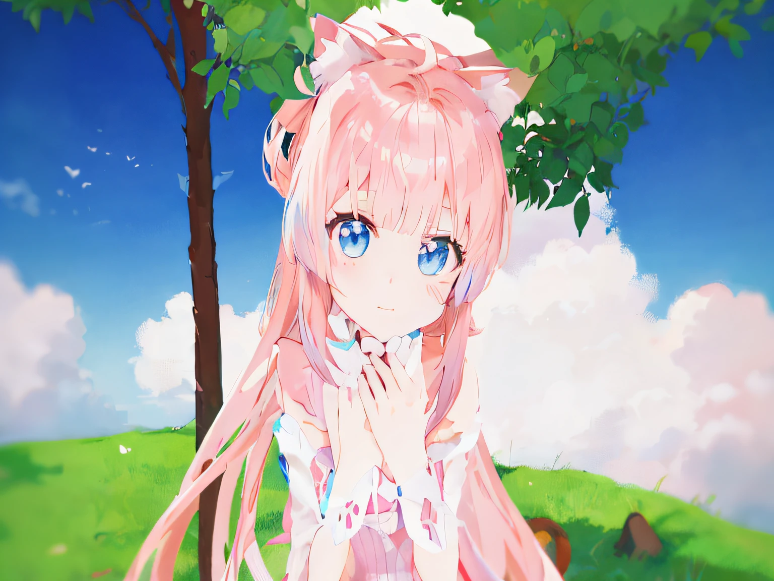 anime girl with pink hair and blue eyes standing in front of a tree, pink twintail hair and cyan eyes, very beautiful anime cat girl, cute anime catgirl, soft anime illustration, made with anime painter studio, anime stylized, beautiful anime catgirl, anime catgirl, anime girl with cat ears, anime style. 8k, stylized anime