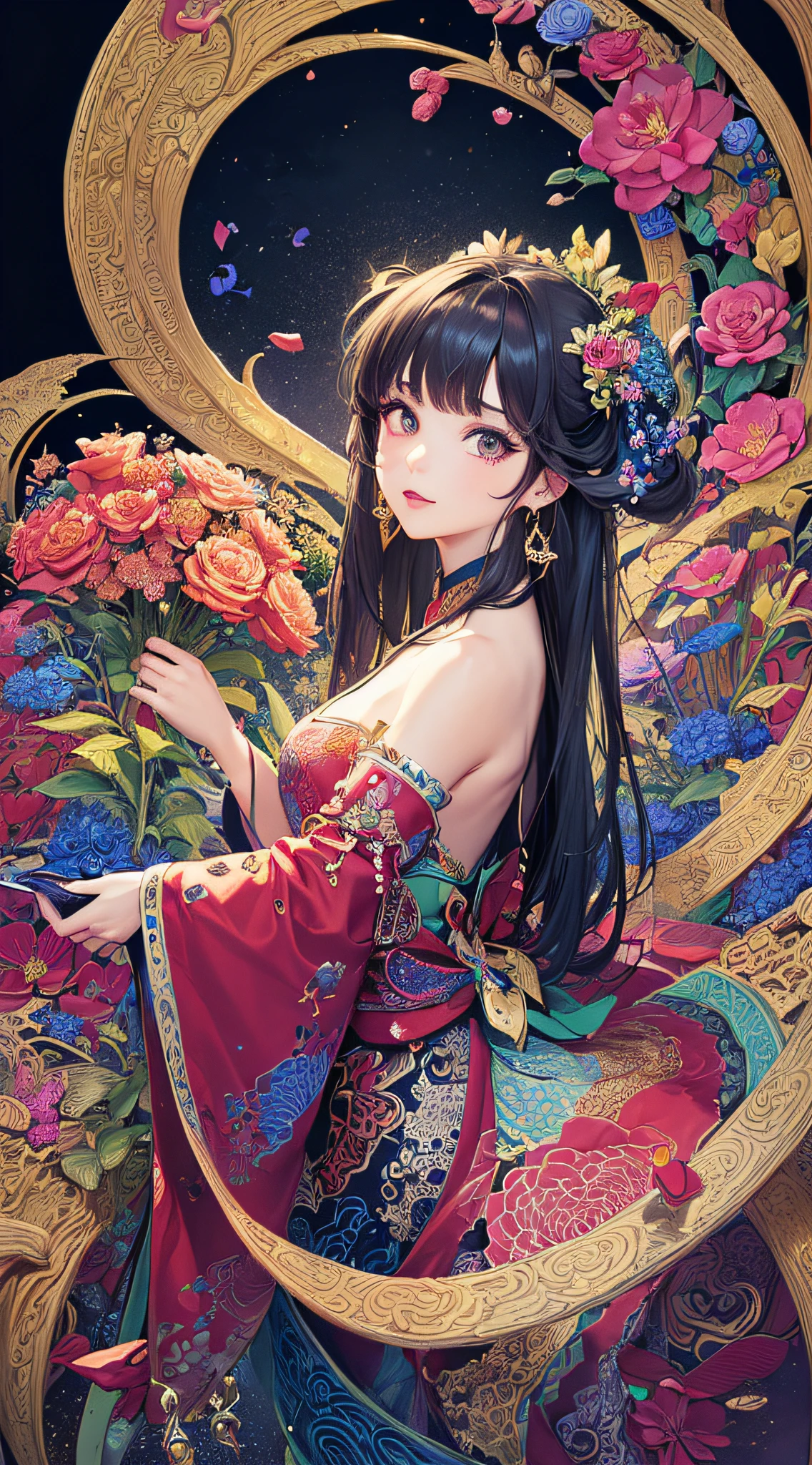 (masterpiece, top quality, best quality, official art, beautiful and aesthetic:1.2), (1girl:1.3), extremely detailed,(fractal art:1.1),(colorful:1.1)(flowers:1.3),highest detailed,(zentangle:1.2), (dynamic pose), (abstract background:1.3), (chinese Traditional cloth:1.2), (shiny skin), (many colors:1.4), ,(earrings:1.4),