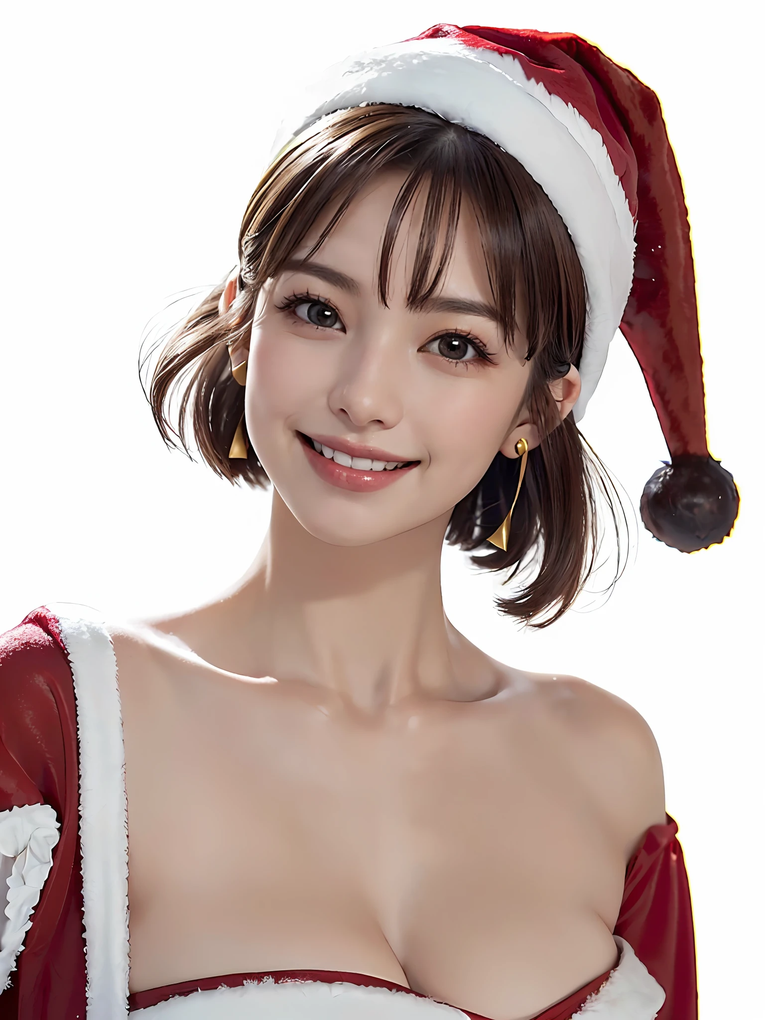 (8k quality), (best quality: 1.2), (realistic,), (photorealistic), ultra high definition, 1 girl, (((solo)), cute, smile, closed mouth, beautiful details, beautiful nose in detail, short hair, huge breasts darcepho, big eyes, long neck, ears, short hair, short hair, huge, ((Santa Claus costume, accurate Santa Claus hat, bangs, bangs, long neck, beautiful, cute, really snow-white background, smile a little, highlight in the eyes, light brown eyes, put out the ears)))