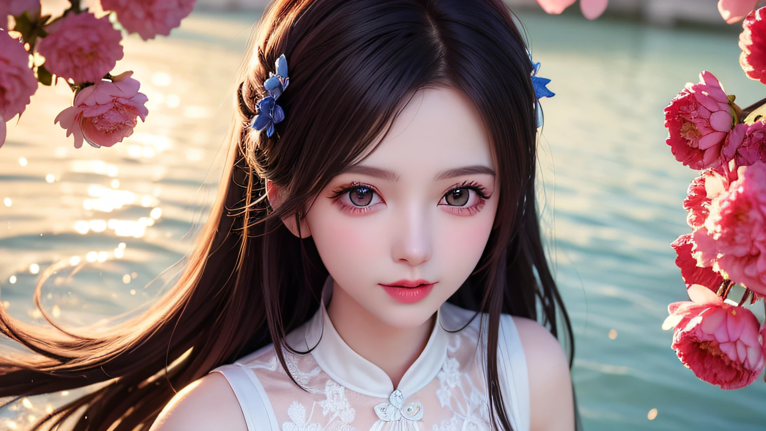 (8k, RAW photos: 1.2), top quality, ultra high resolution, (from head to above knee), dramatic angles, (colorful petals fluttering), (illustration), (1 girl)))), (long hair), (transparent white sheer sleeveless dress, mini skirt)), beautiful face (blonde, blue eyes), (bright lip gloss, long eyelashes, smooth) face, bright skinStrong colors, Subtle caustics: 0.8), Smile, (Big), (Rain: 0.9), Hanazono behind the girl, (Focus), ((Standing on the surface of the water)), (Color splash), Colorful splash, (Colorful))), (Sketch: 0.8), Masterpiece, Best Quality, Beautifully painted, Highly Detailed, (Denoise: 0.6), [Splash Ink], (Ink Refraction)), (Beautiful Detailed Sky), Highly Detailed, (Masterpiece, Best Quality, Highly Detailed) CG Unity 8k Wallpaper, Masterpiece, Best Quality, Ultra Detail), (Lycoris radiata)