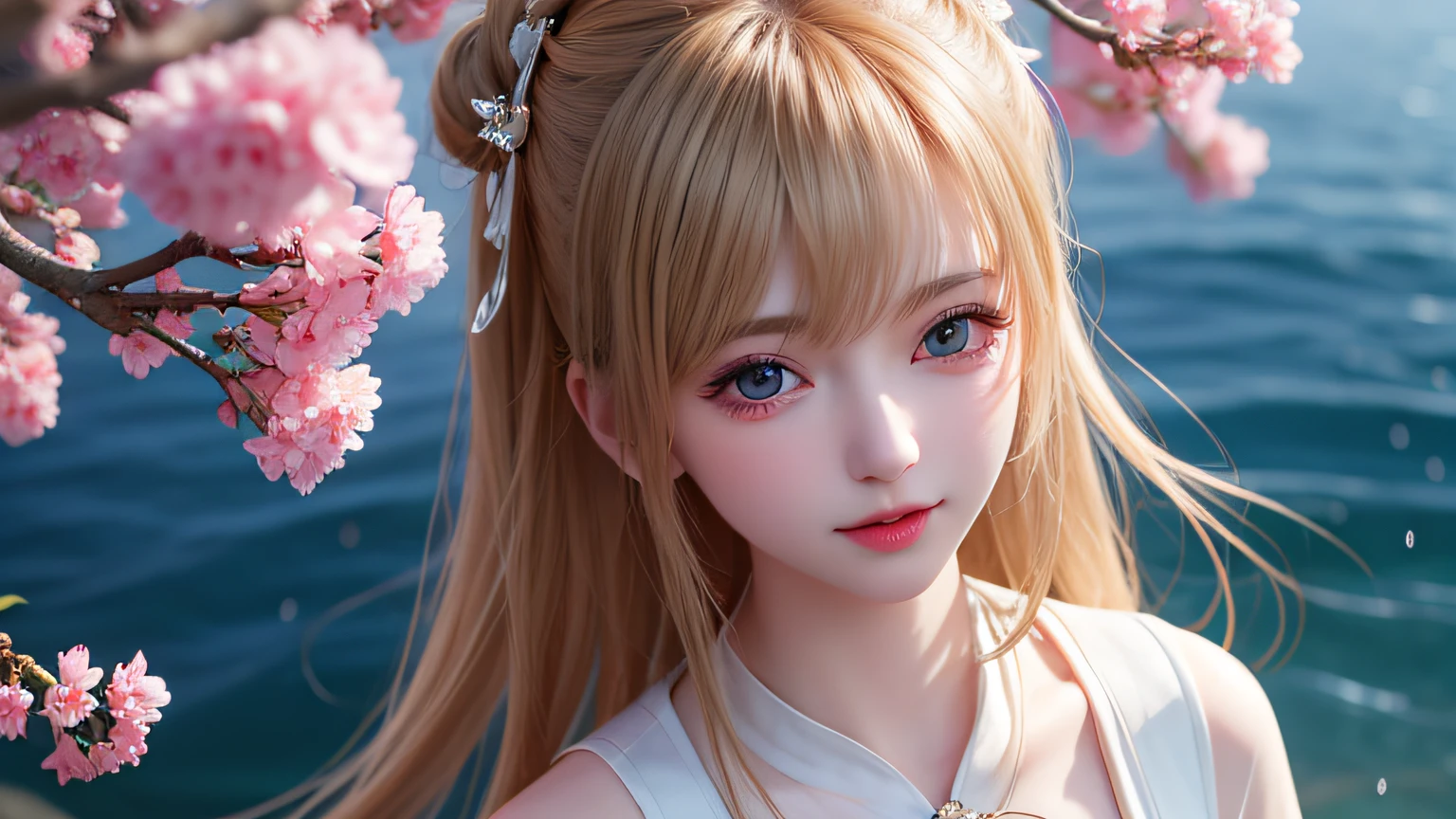 (8k, RAW photos: 1.2), top quality, ultra high resolution, (from head to above knee), dramatic angles, (colorful petals fluttering), (illustration), (1 girl)))), (long hair), (transparent white sheer sleeveless dress, mini skirt)), beautiful face (blonde, blue eyes), (bright lip gloss, long eyelashes, smooth) face, bright skinStrong colors, Subtle caustics: 0.8), Smile, (Big), (Rain: 0.9), Hanazono behind the girl, (Focus), ((Standing on the surface of the water)), (Color splash), Colorful splash, (Colorful))), (Sketch: 0.8), Masterpiece, Best Quality, Beautifully painted, Highly Detailed, (Denoise: 0.6), [Splash Ink], (Ink Refraction)), (Beautiful Detailed Sky), Highly Detailed, (Masterpiece, Best Quality, Highly Detailed) CG Unity 8k Wallpaper, Masterpiece, Best Quality, Ultra Detail), (Lycoris radiata)