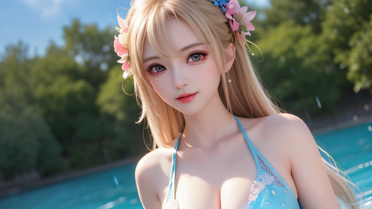 (8k, RAW photo: 1.2), highest quality, ultra high resolution, (((cleavage coordination from head to chest)), dramatic angle, (colorful petals fluttering), (illustration), (1 girl)))), (long hair), (transparent white sheer sleeveless dress, mini skirt)), beautiful face (blonde, blue eyes), (bright lipgloss, long eyelashes), Smooth) face, bright skin, natural shadows, wide light, wide light, depth of field, strong colors, subtle caustics: 0.8), smile, (big), (rain: 0.9), behind the girl is Hanazono, (focus), ((standing on the surface of the water)), (color splash), colorful splash, ((colorful))), (sketch: 0.8), masterpiece, best quality, beautifully painted, highly detailed, ( Denoise: 0.6), [Splash Ink], ((Ink Refraction)), (Beautiful Detailed Sky), Highly Detailed, (Masterpiece, Best Quality, Very Detailed) CG Unity 8k Wallpaper, Masterpiece, Best Quality, Ultra Detail), (Lycoris radiata)