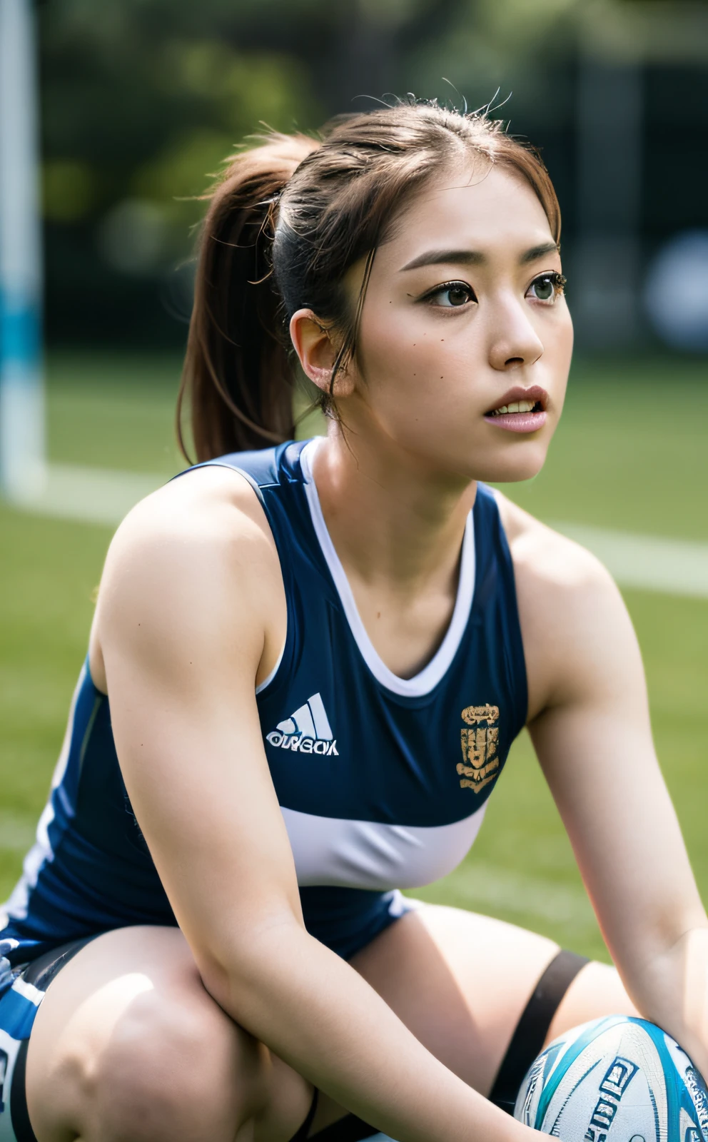 Hasselblad Camera, RAW Photography, (Real: 1.3), Twisted (Beautiful and Attractive: 1.4), Ponytail, (Details: 1.2), 8k Ultra HD, (Rugby: 1.4), Beautiful Japan Women, Muscles