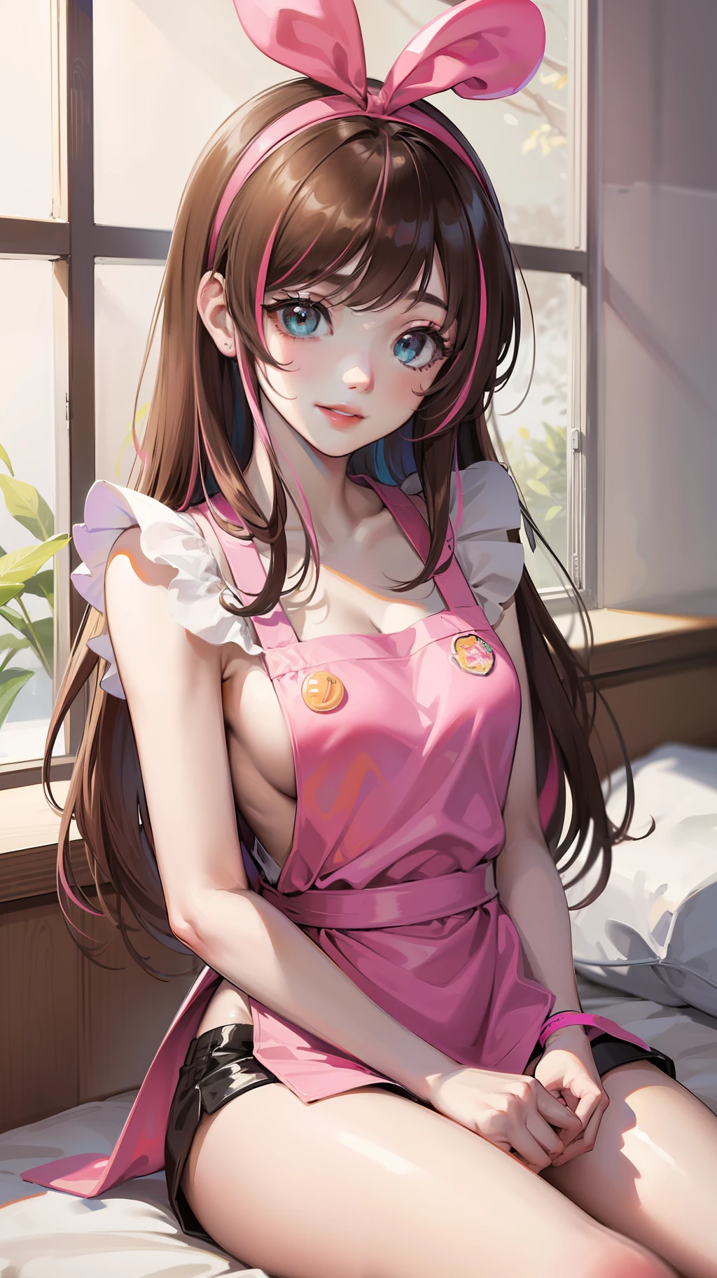 masterpiece, best quality, highres, 1girl, kizuna ai, long hair, brown hair, multicolored hair, short shorts, floating hair, pink hairband, pink highlights, streaked hair, naked, apron, sitting, bed, smile