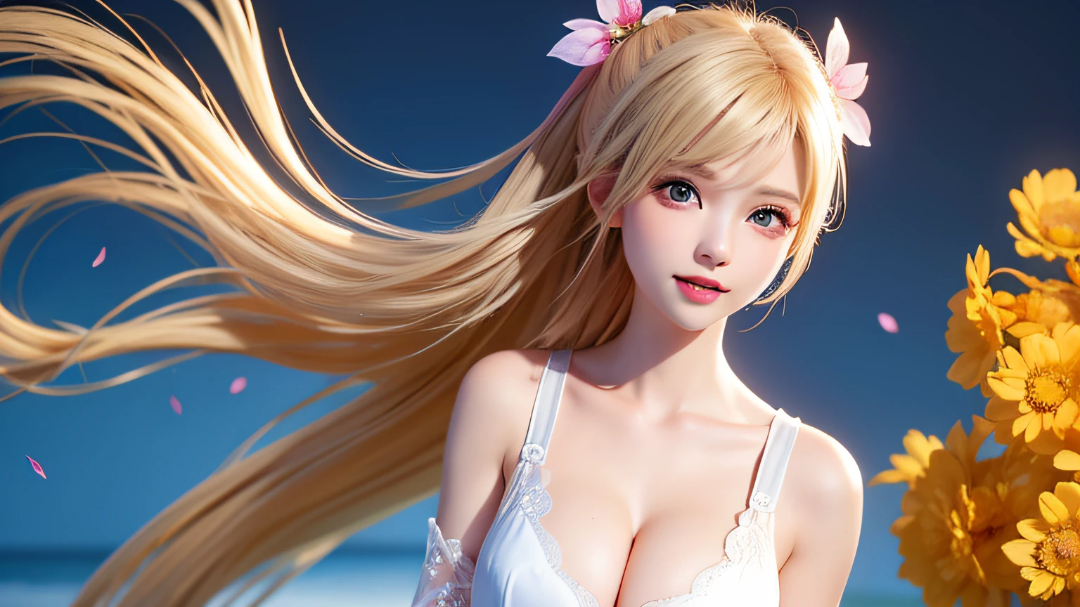 (8k, RAW photo: 1.2), highest quality, ultra high resolution, (((cleavage coordination from head to chest)), dramatic angle, (colorful petals fluttering), (illustration), (1 girl)))), (long hair), (transparent white sheer sleeveless dress, mini skirt)), beautiful face (blonde, blue eyes), (bright lipgloss, long eyelashes), Smooth) face, bright skin, natural shadows, wide light, wide light, depth of field, strong colors, subtle caustics: 0.8), smile, (big), (rain: 0.9), behind the girl is Hanazono, (focus), ((standing on the surface of the water)), (color splash), colorful splash, ((colorful))), (sketch: 0.8), masterpiece, best quality, beautifully painted, highly detailed, ( Denoise: 0.6), [Splash Ink], ((Ink Refraction)), (Beautiful Detailed Sky), Highly Detailed, (Masterpiece, Best Quality, Very Detailed) CG Unity 8k Wallpaper, Masterpiece, Best Quality, Ultra Detail), (Lycoris radiata)