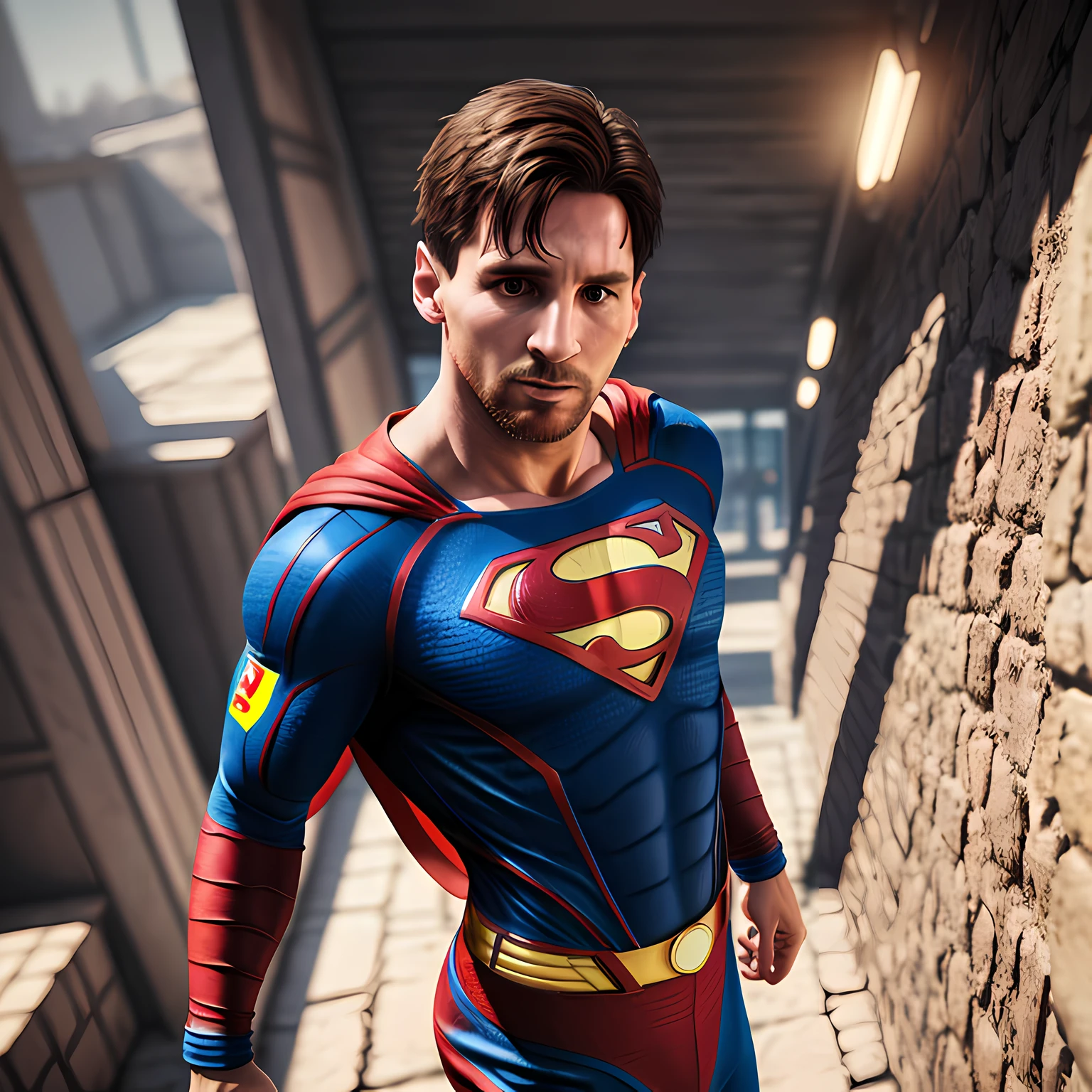 lionel messi become superman, Hyper realistic 4 d model, unreal engine, professional photograph