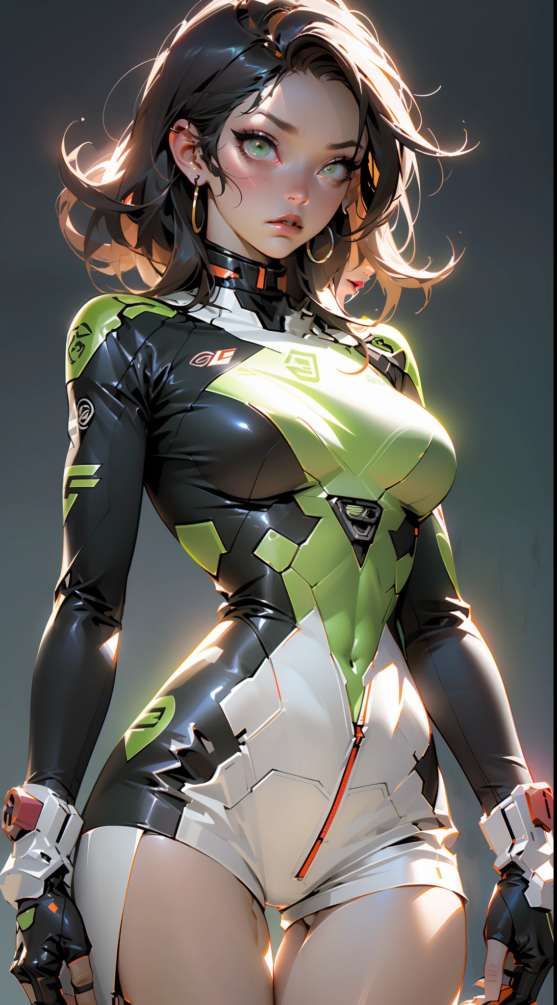 ((Best quality)), ((masterpiece)), (detailed: 1.4), (Absurd), Caucasian woman fighter pilot ready for war, perfect body, Lara Croft, defined muscles, half thick naked thighs, closed mouth, only in panties, muscular body covered by technological clothing, Neon Genesis Evangelion style, cyberpunk, generous neckline, (((perfect large breasts)), (green eyes), (((short straight hair))), (thin stripes covering breasts),  (Yakuza tattoo on the arms), short underwear, garter belt, by mucha, niji --V5, close to real, psychopathic, crazy face, sexy pose, background with a giant Gundam-style robot head, 2 piece clothing, pointed shoulder pads, pastel, centered, scale to fit dimensions, HDR (High Dynamic Range),Ray Tracing,NVIDIA RTX,Super-Resolution,Unreal 5,Subsurface dispersion,  PBR Texture, Post-processing, Anisotropic filtering, Depth of field, Maximum clarity and sharpness, Multilayer textures, Albedo and specular maps, Surface shading, Accurate simulation of light-material interaction, Perfect proportions, Octane Render, Two-tone lighting, Wide aperture, Low ISO, White balance, Rule of thirds, 8K RAW