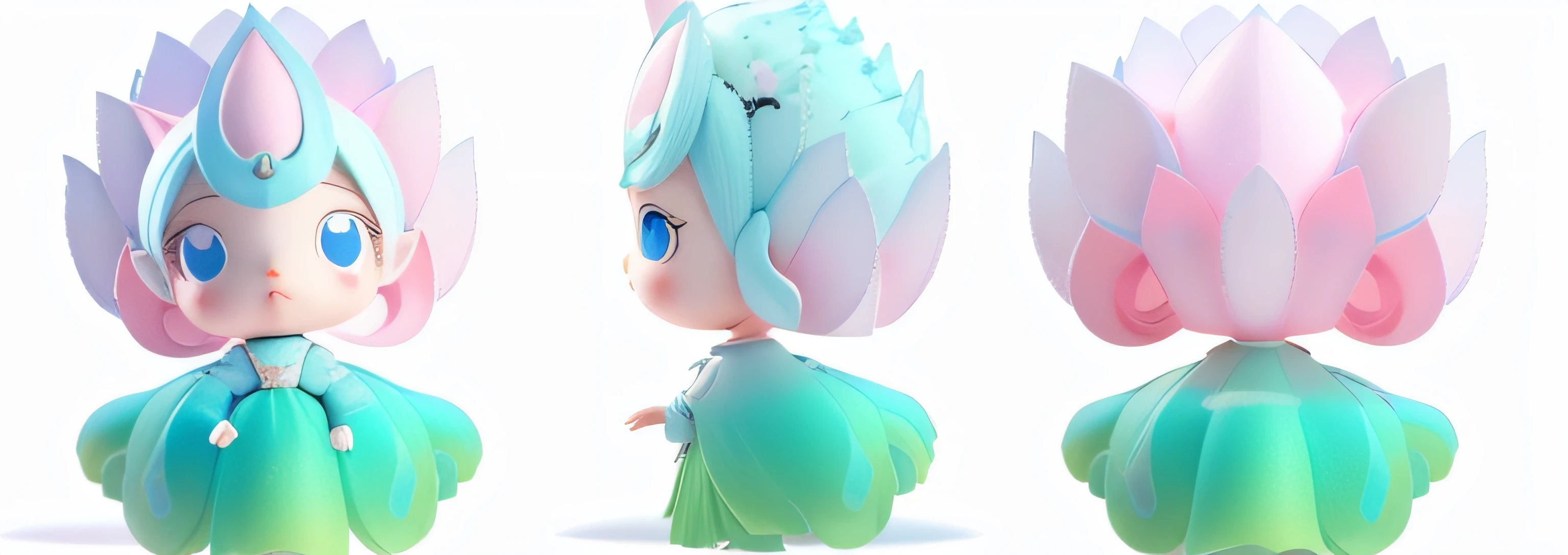 3D rendering, full body multi-view, (simple background, white background: 1.3)
Girl with pink lotus on head, elf girl in flower dress, ethereal flower punk, elf character, space flower fairy, inspired by Master Kanbun, soft anime illustration, cute forest creature, character adoptable, blind box toy style, blue and white tang costume, green skirt, hands in front of skirt, fist