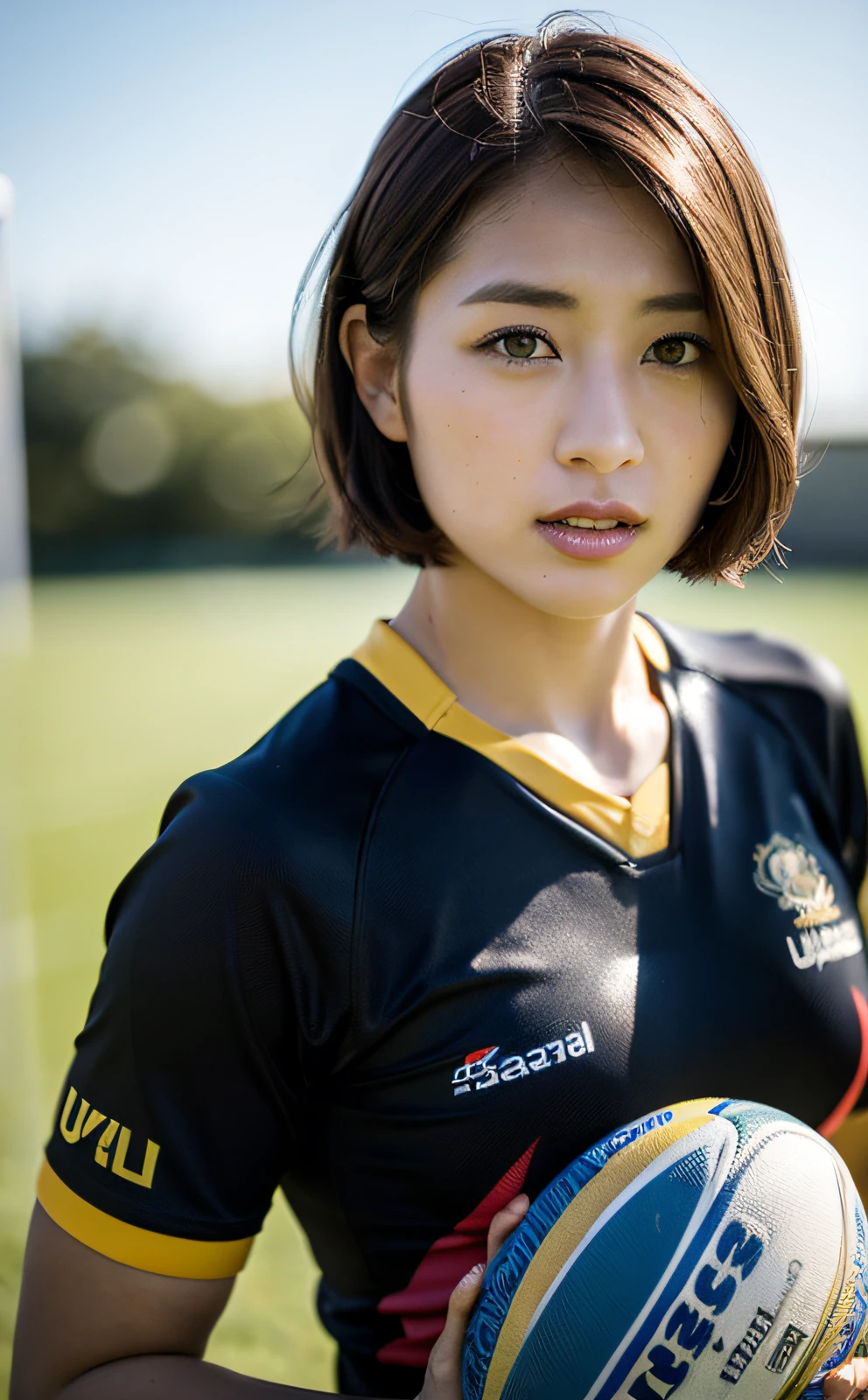 Hasselblad Camera, RAW Photography, (Real: 1.3), (Beautiful and Attractive: 1.4), Short Hair, (Details: 1.2), 8k Ultra HD, (Rugby: 1.2), Beautiful Japan Women